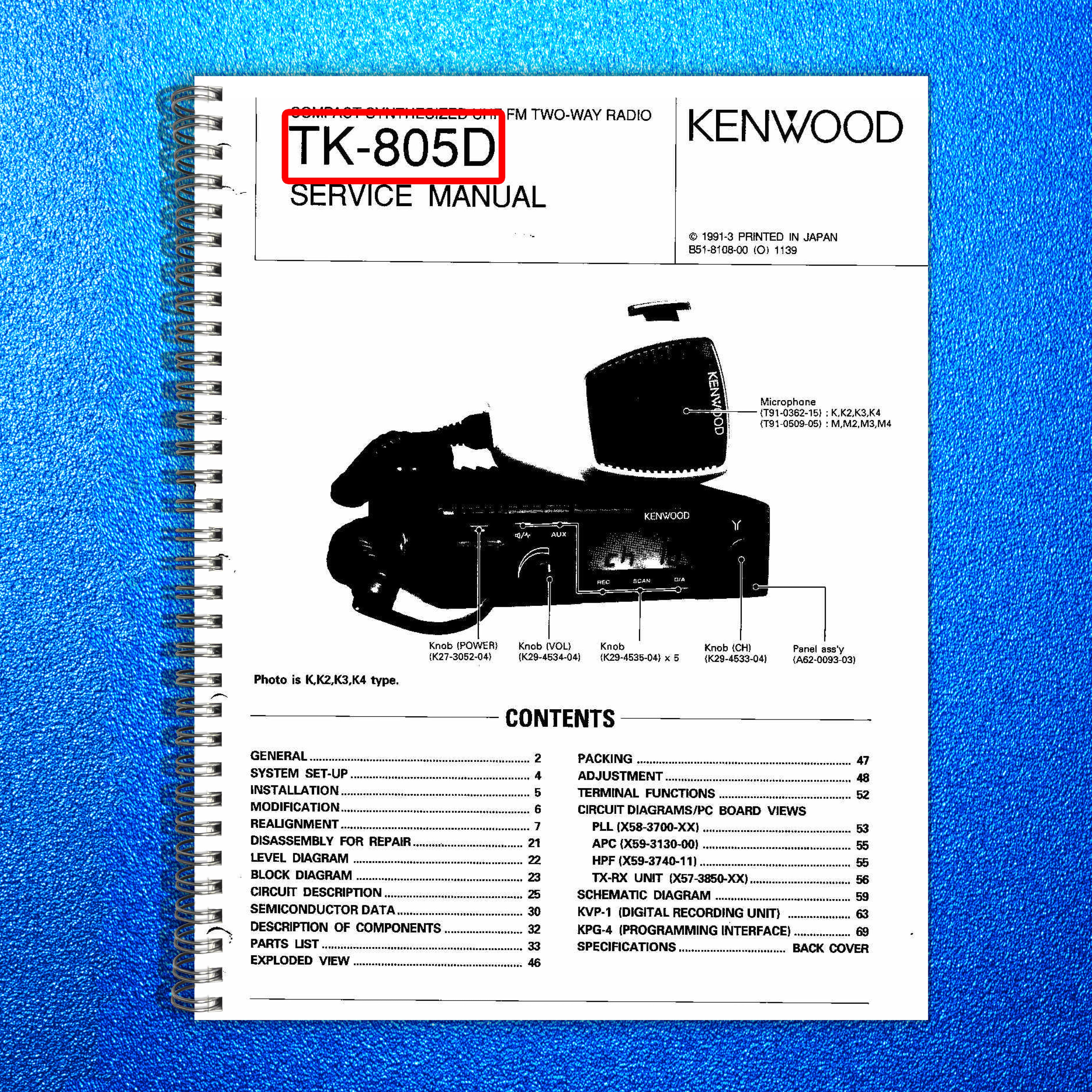 KENWOOD TK-805D UHF FM Two-Way Radio Service Manual - WIRE BOUND - TOUGH COVERS