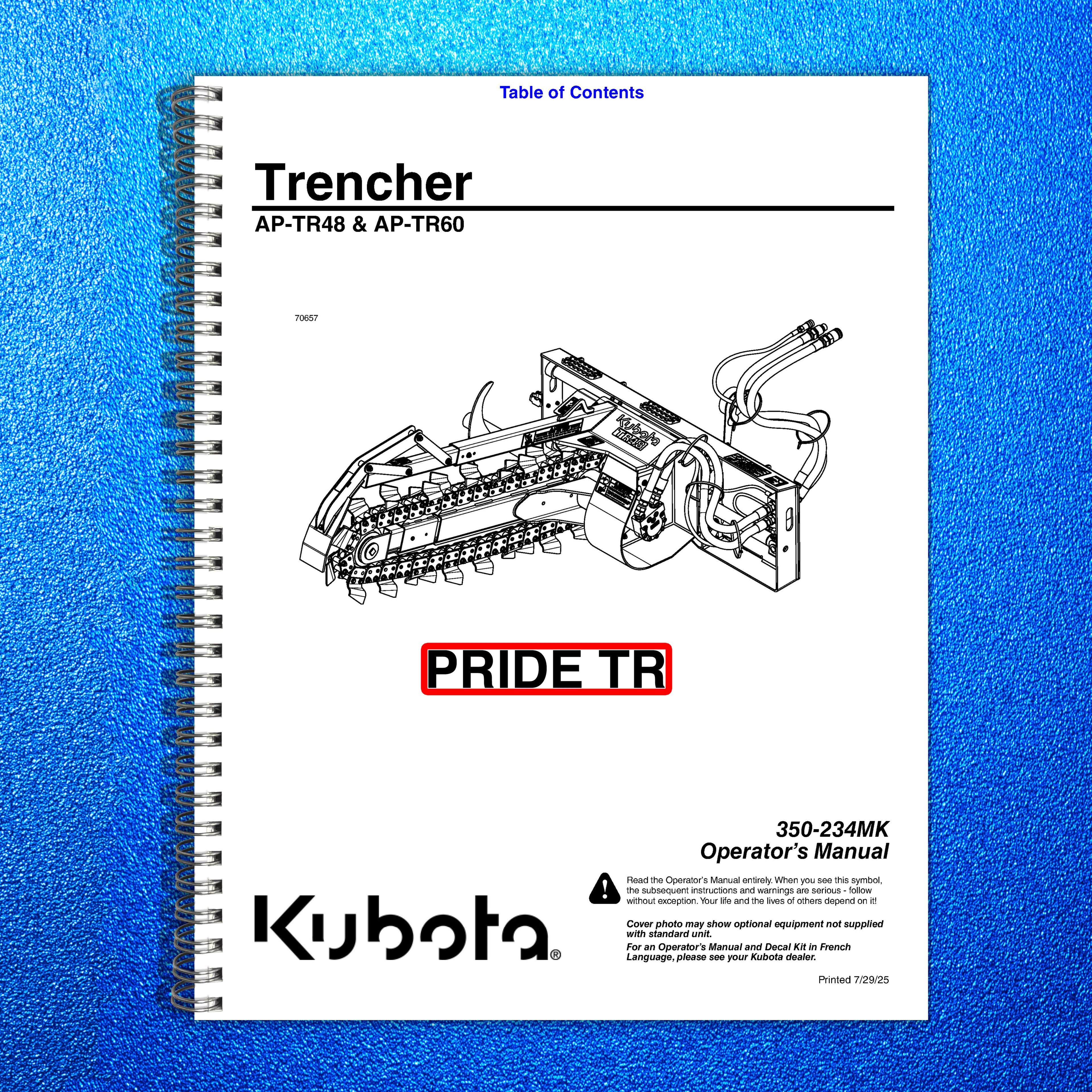 LAND PRIDE TR Series Trenchers Operators Manual - WIRE BOUND - TOUGH COVERS