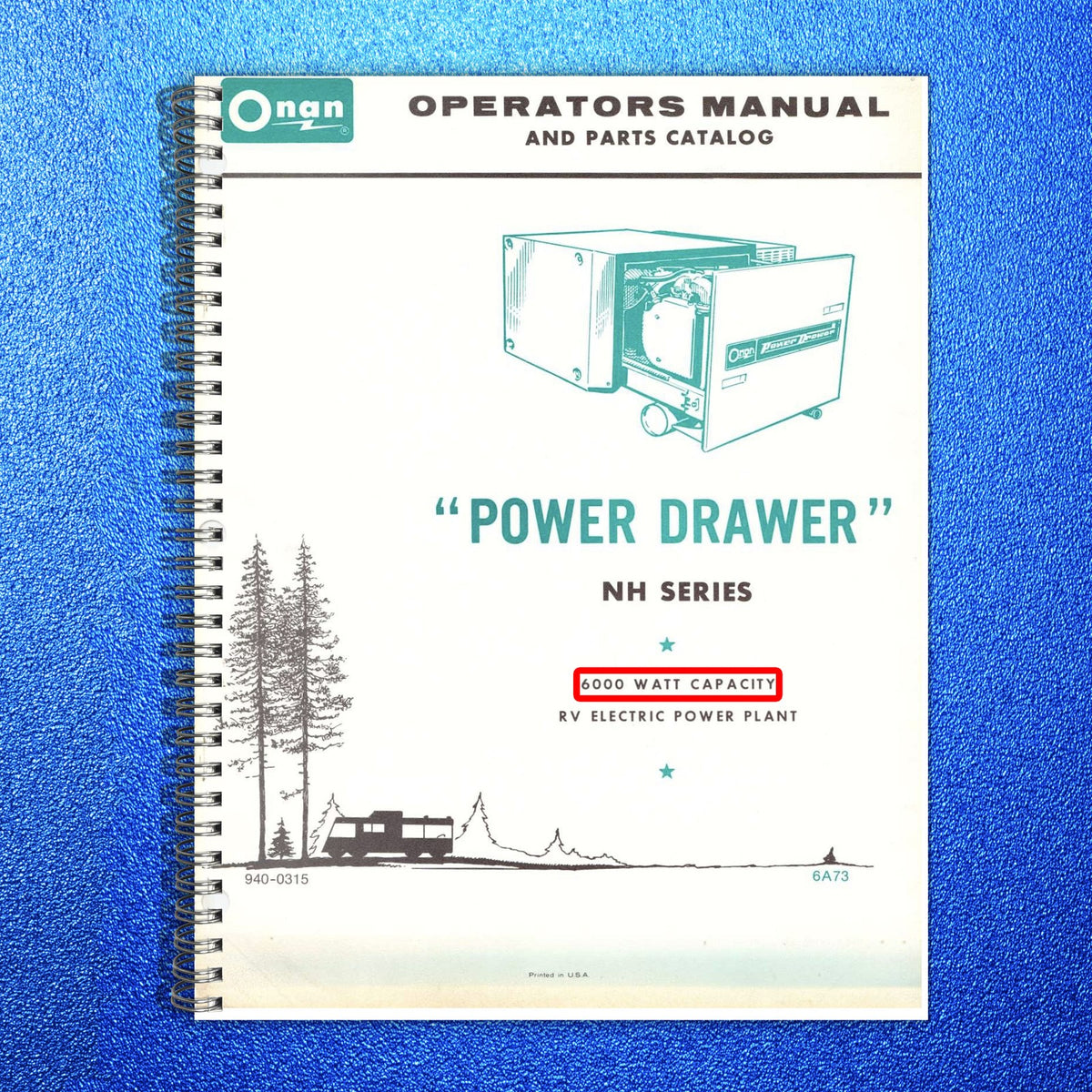 ONAN Power Drawer NH 6000 Watt Operators And Parts Manual - WIRE BOUND - COVERS