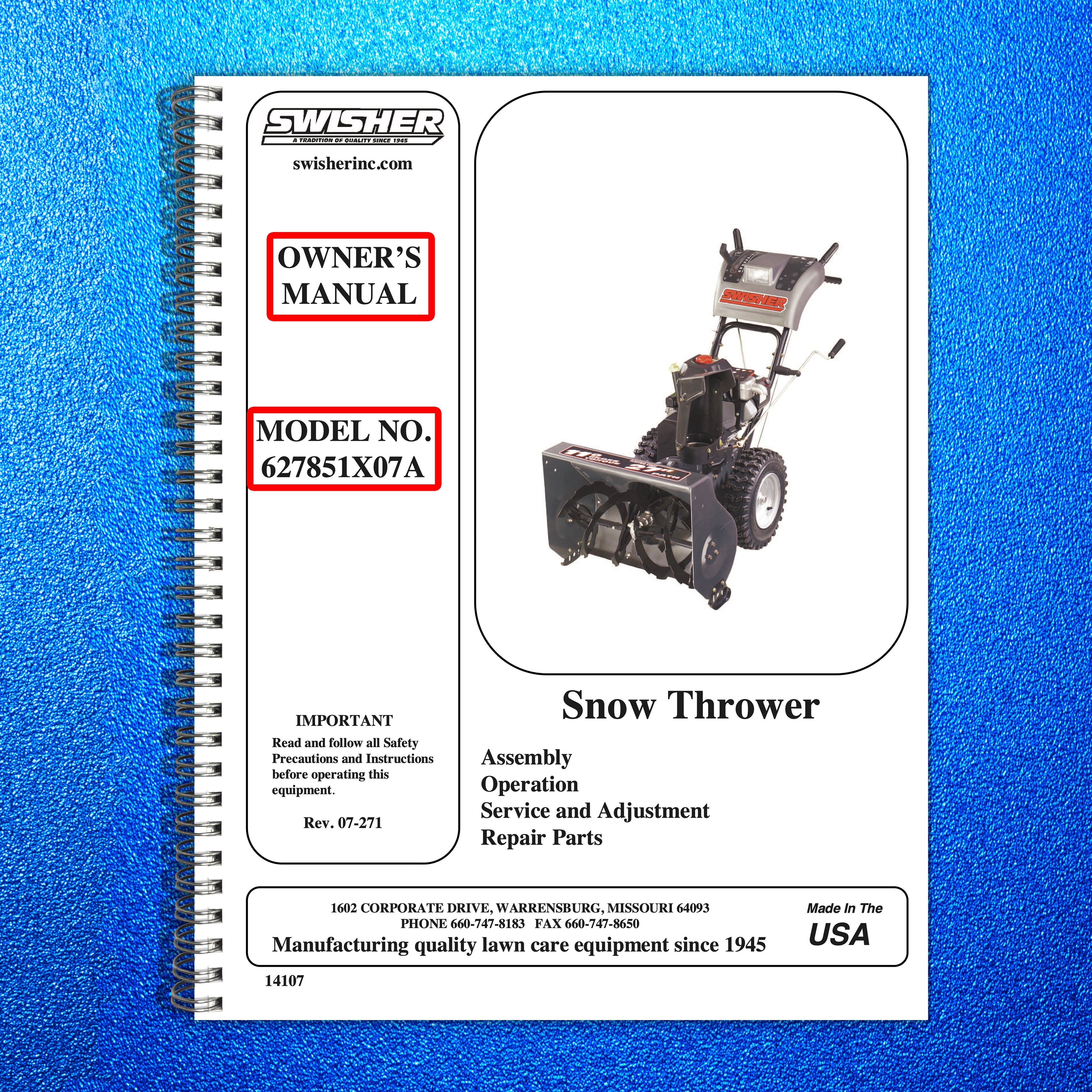 SWISHER 627851X07A Snow Thrower Owners Manual - STEEL WIRE BOUND - TOUGH COVERS