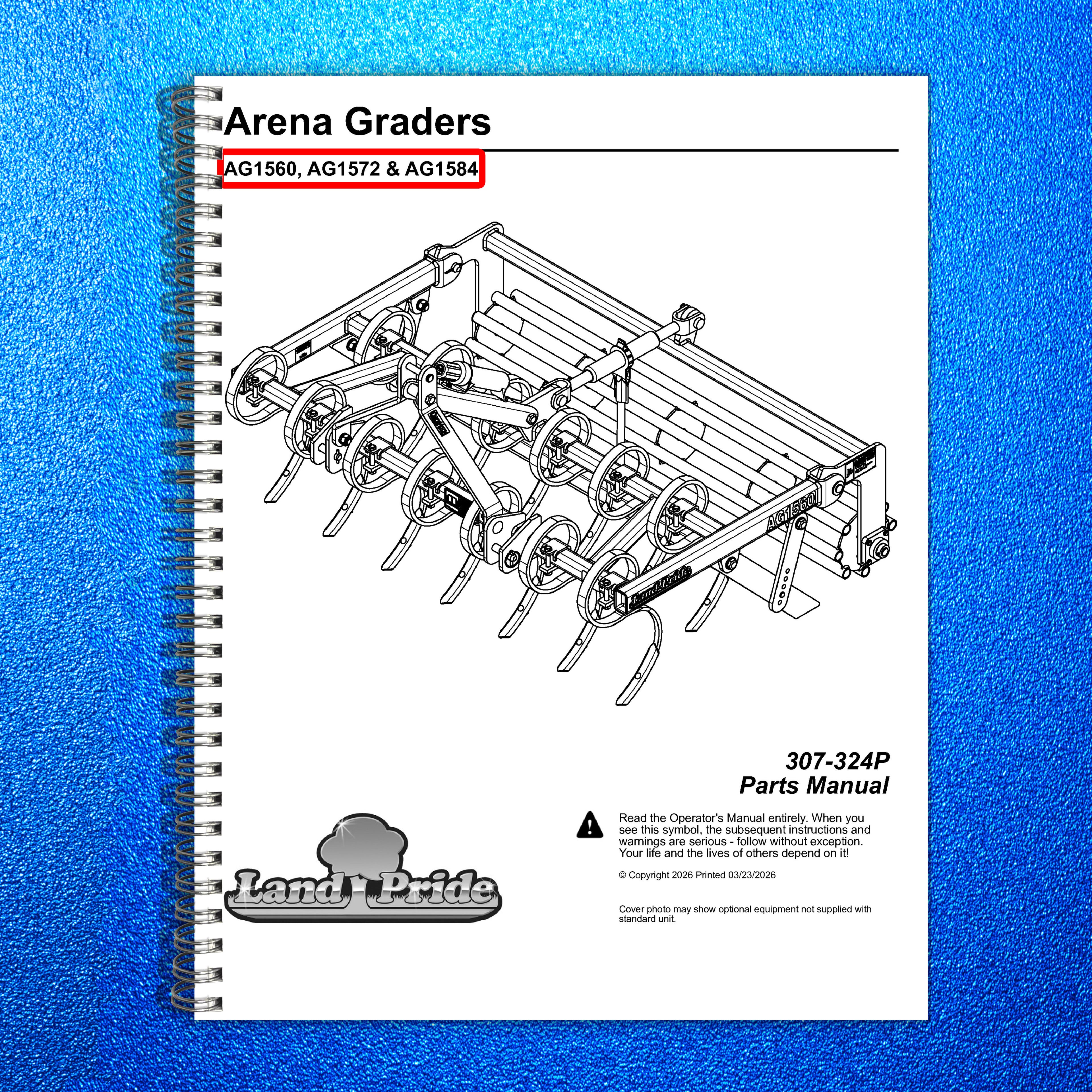 LAND PRIDE AG15 Series Arena Graders Parts Manual 2026 - WIRE BOUND - COVERS