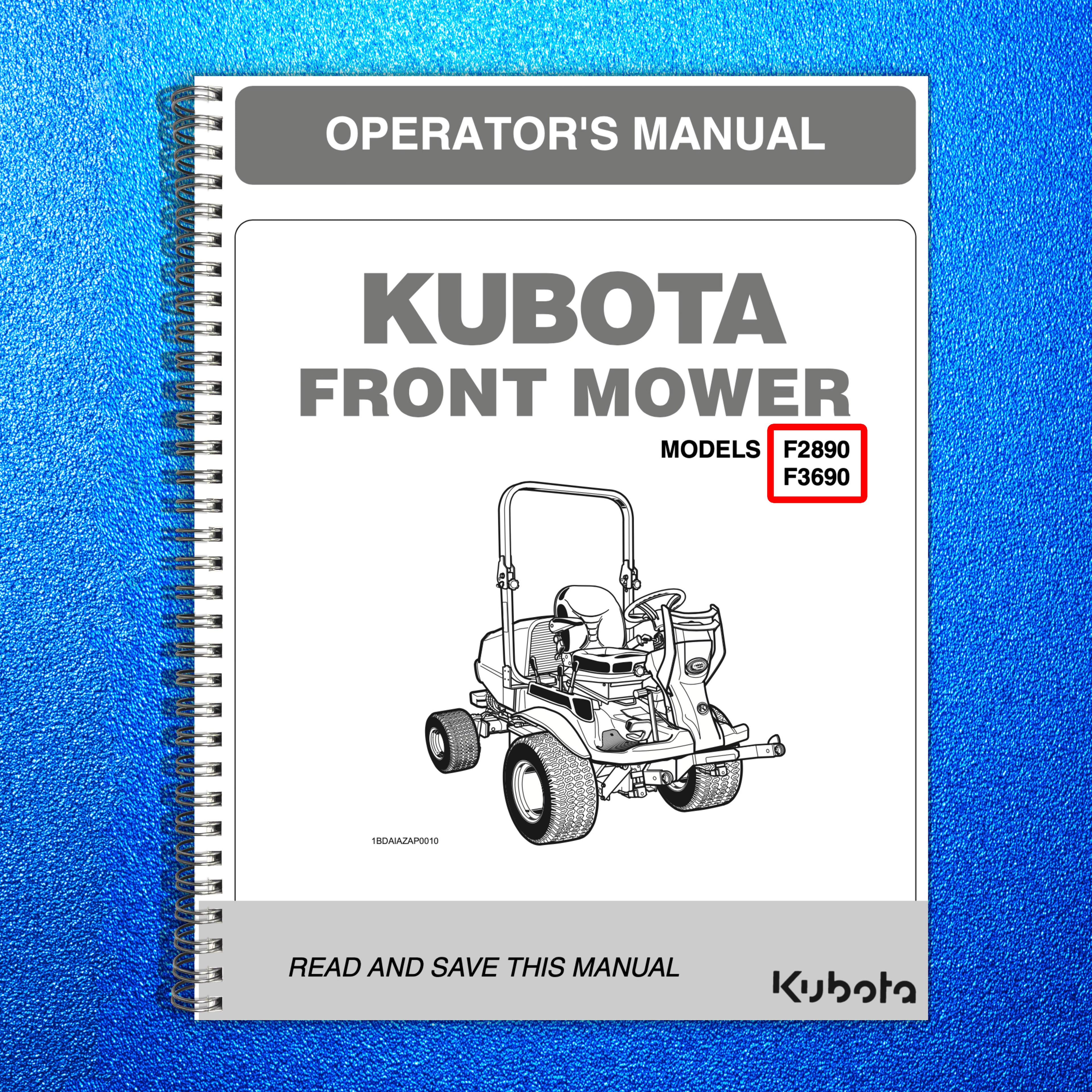 KUBOTA F2890 F3690 FRONT MOWER OPERATORS MANUAL - WIRE BOUND - TOUGH COVERS