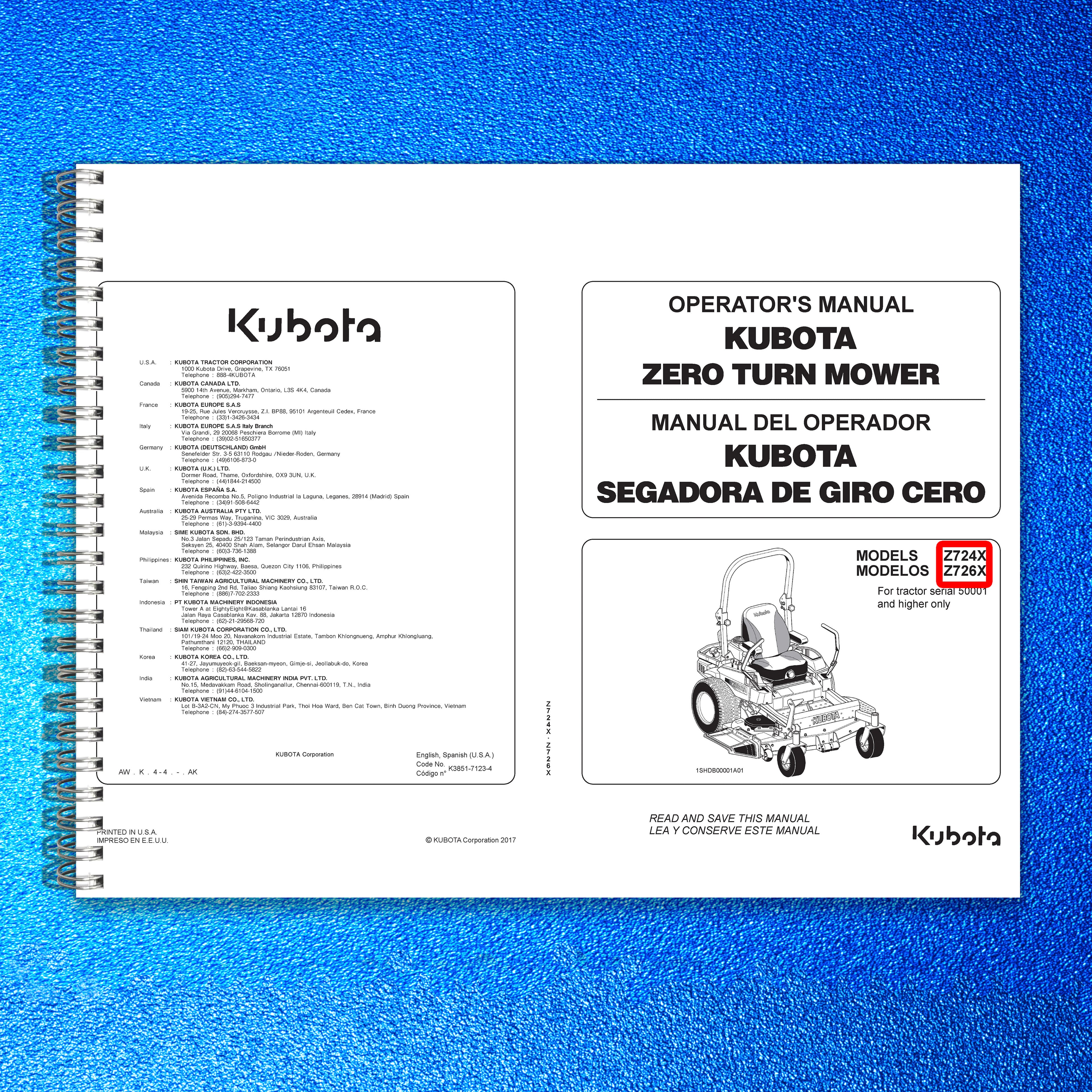 KUBOTA Z724X Z726X Zero Turn Operators Manual - BOUND - COVERS - XL FOLDOUTS