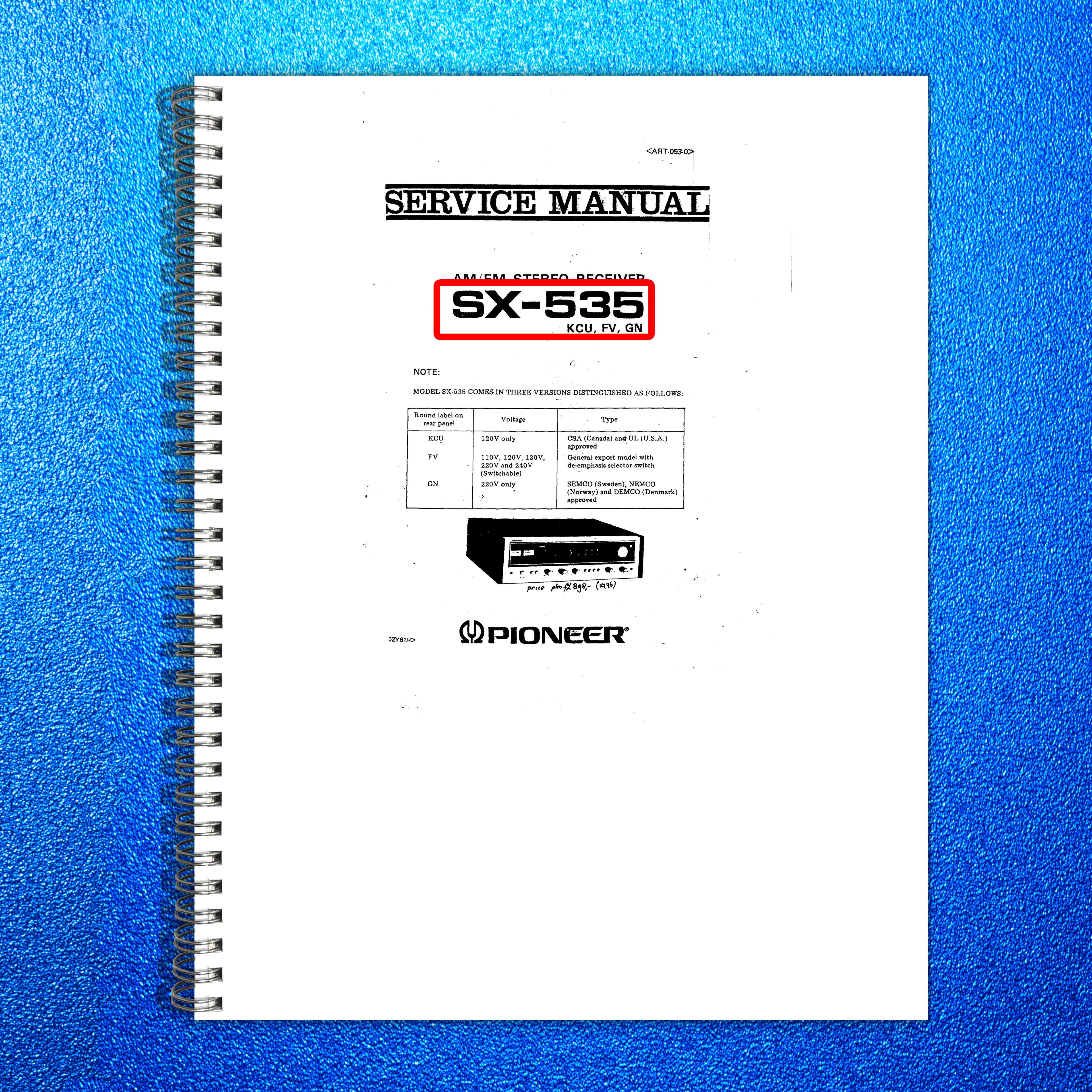 PIONEER SX-535 AM FM Stereo Receiver Service Manual - WIRE BOUND - TOUGH COVERS