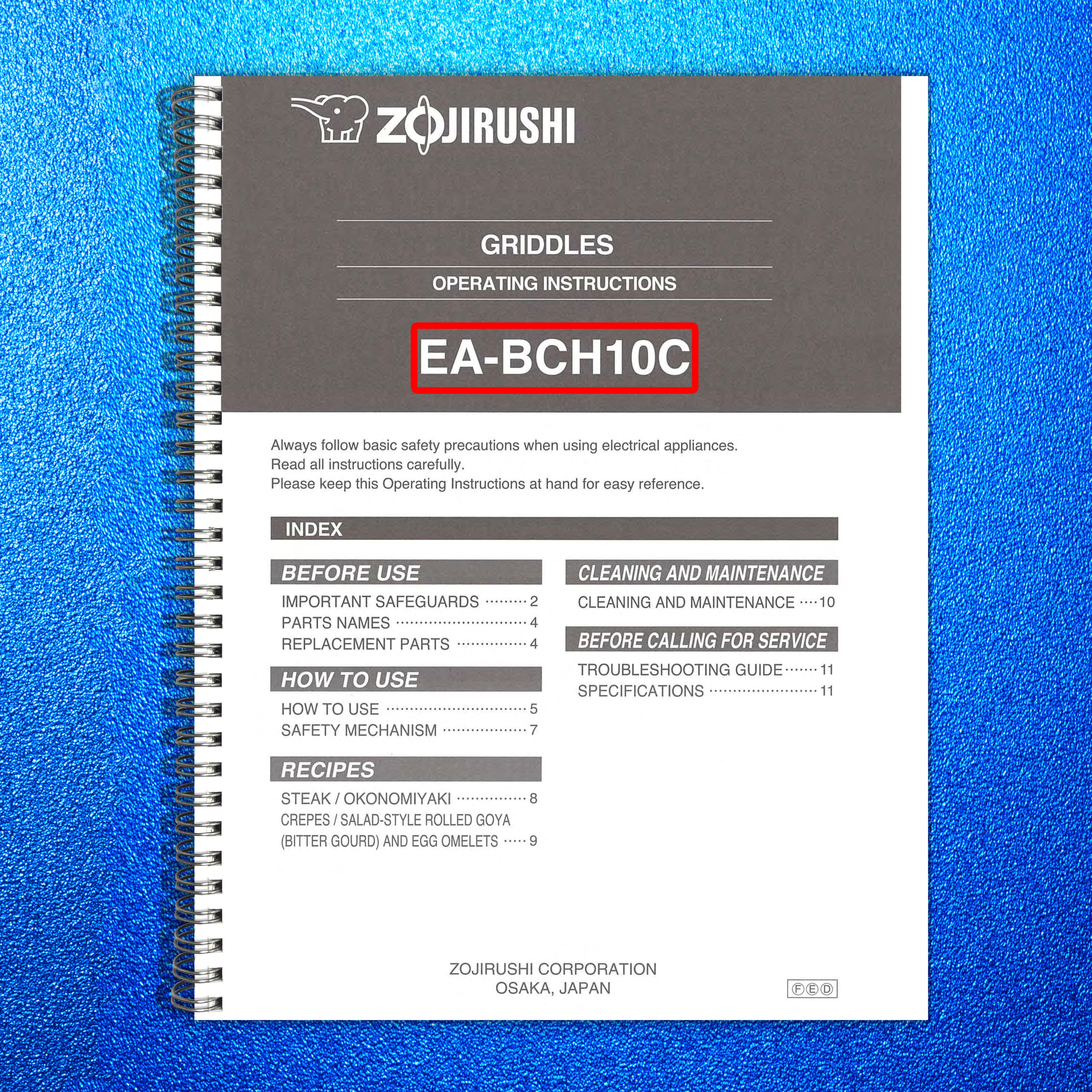 ZOJIRUSHI EA-BCHIOC Griddle Operating Instructions Manual - WIRE BOUND - COVERS