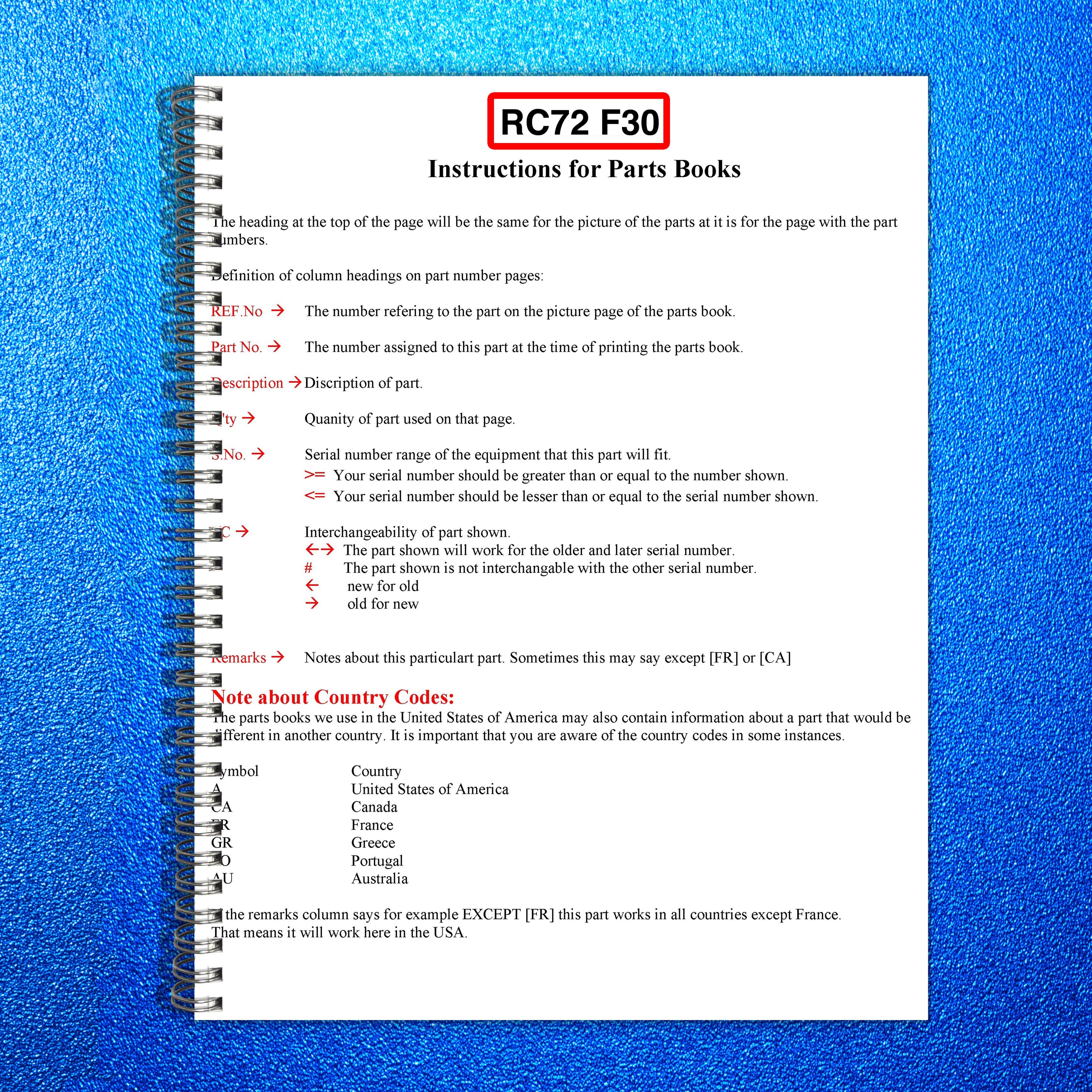 KUBOTA RC72-F30 Parts Manual - STEEL WIRE BOUND - PROTECTIVE COVERS