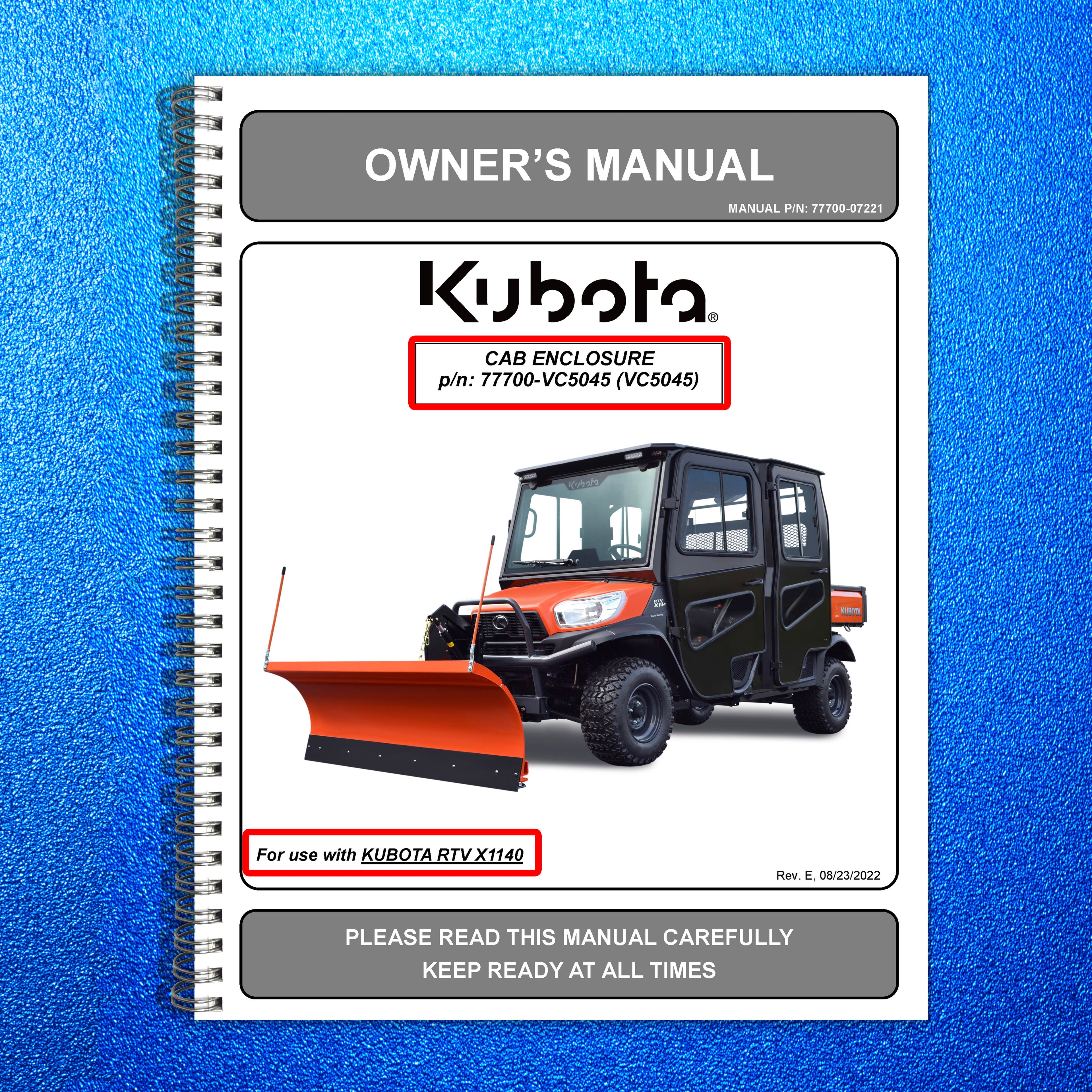 KUBOTA RTV-X1140 Cab Enclosure Kit Owners Manual - WIRE BOUND- TOUGH COVERS