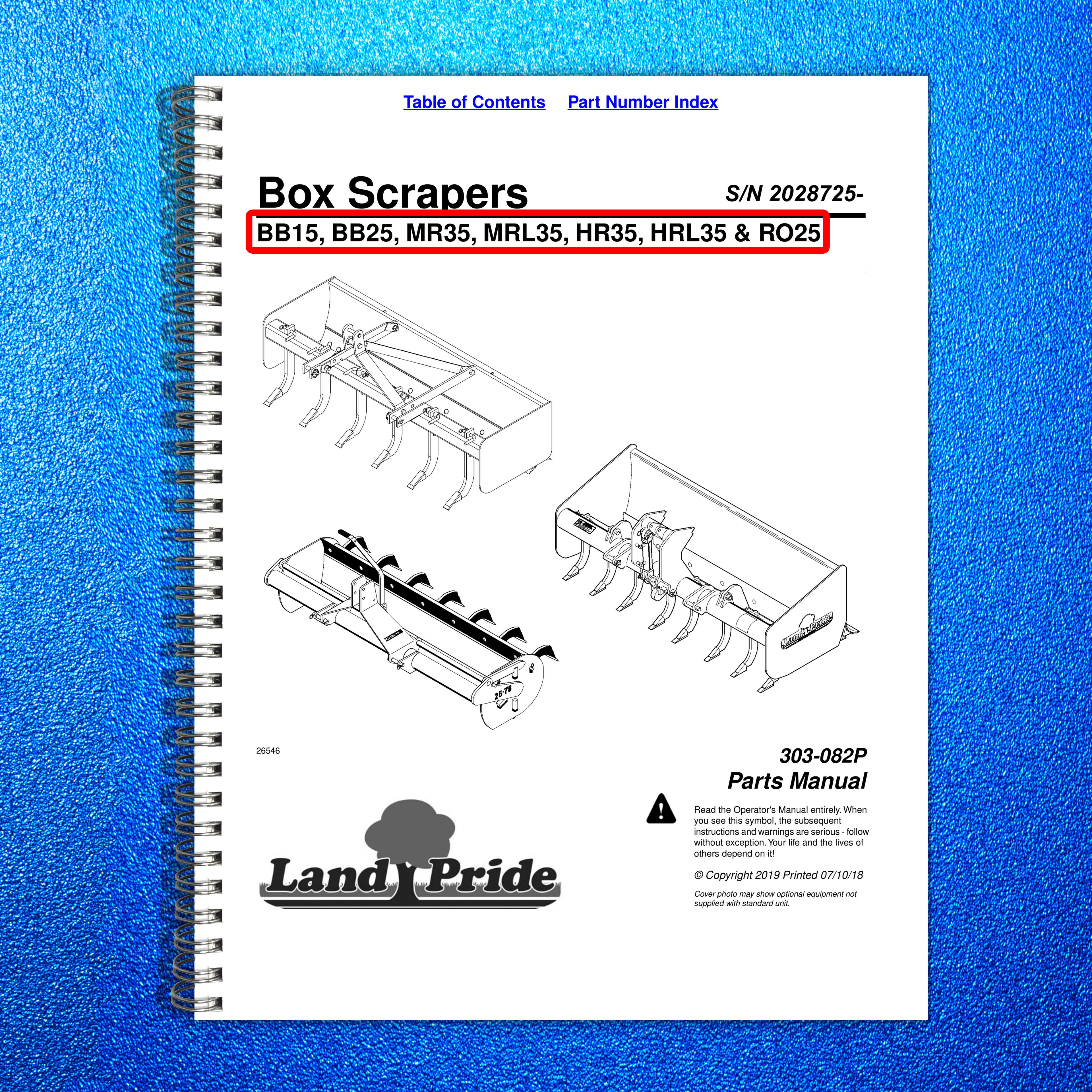 LAND PRIDE BB15 Series Box Scrapers Parts Manual 2019 - WIRE BOUND - COVERS