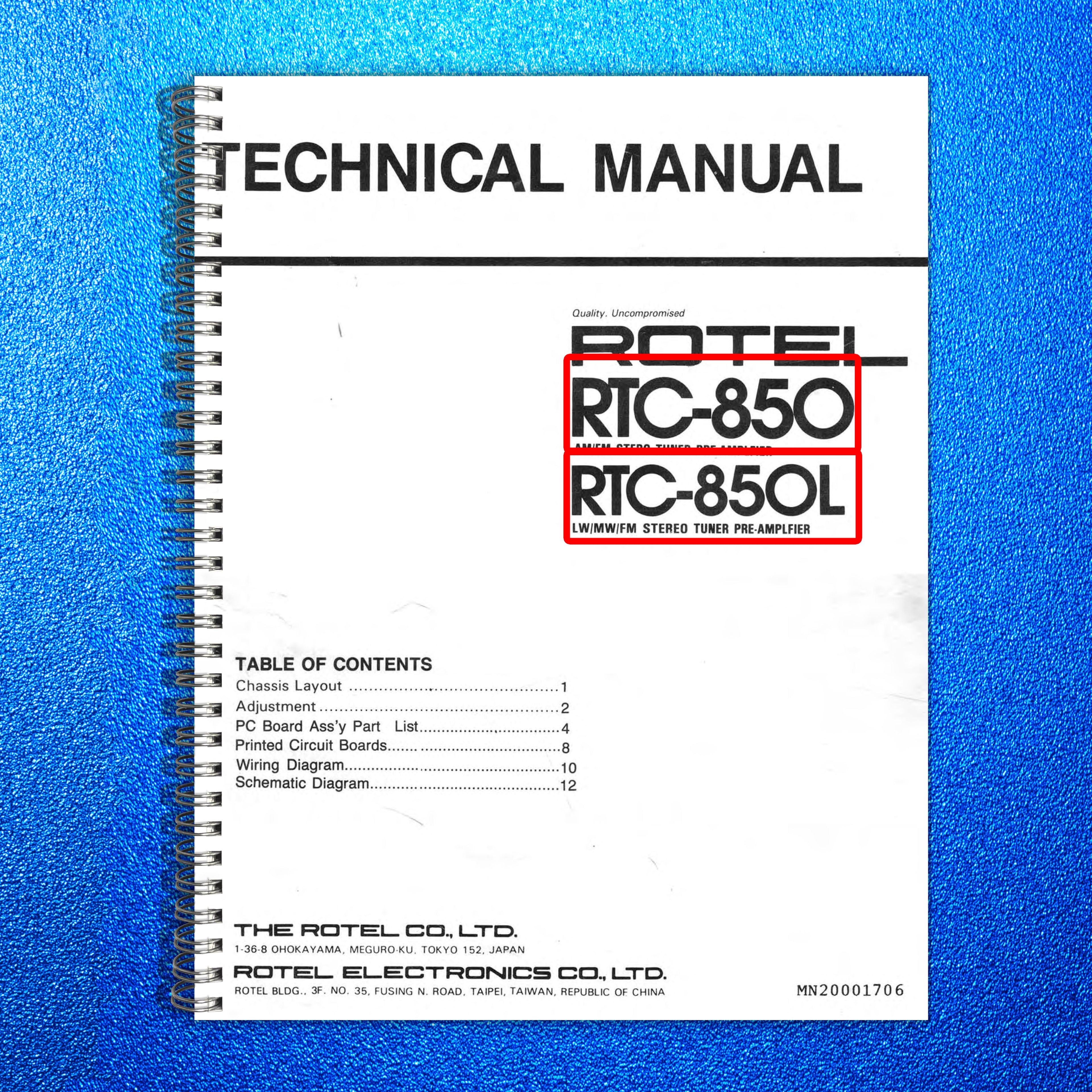 ROTEL RTC-850 RTC-850L Stereo Tuner Preamplifier Technical Manual - WIRE BOUND