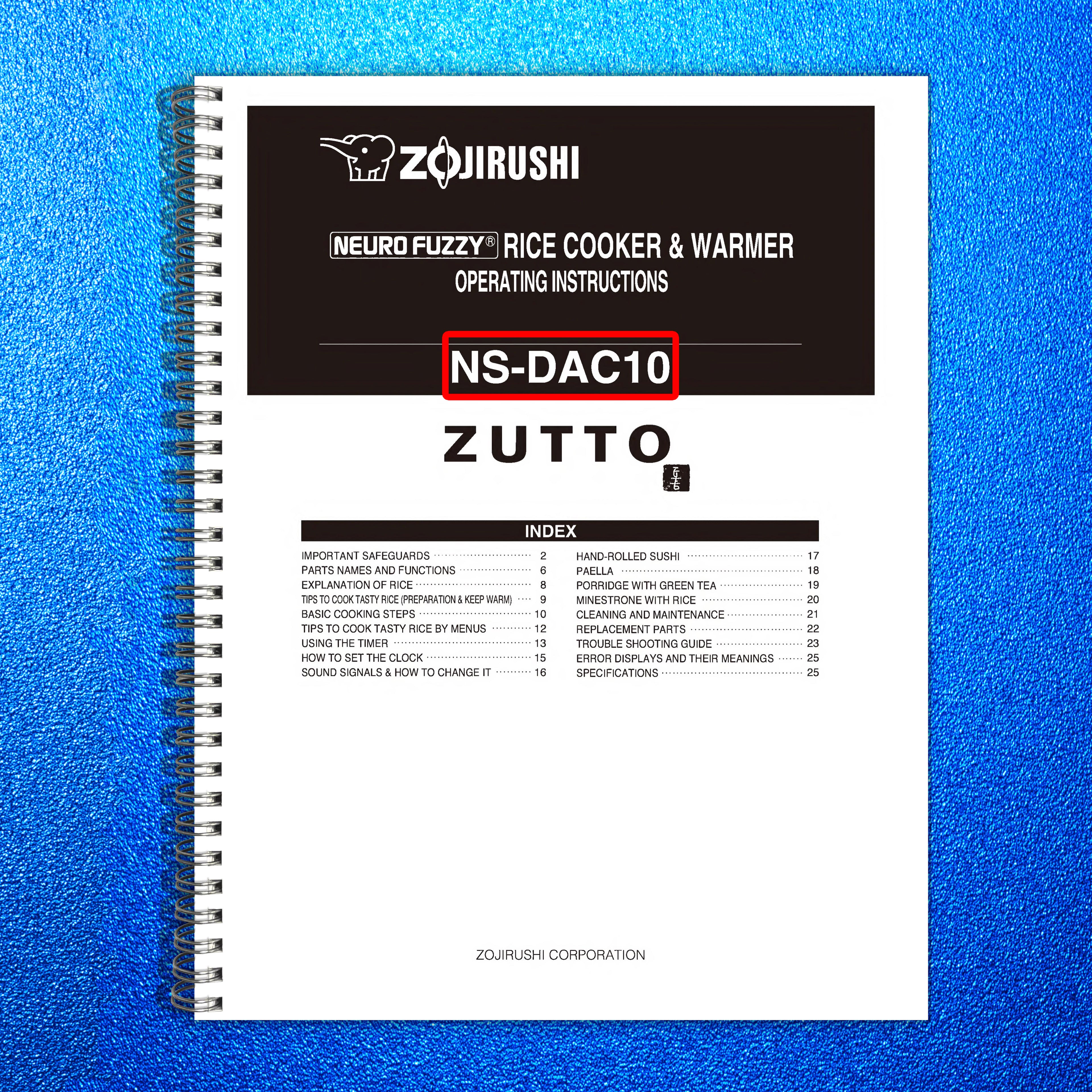 ZOJIRUSHI NS-DAC10 Fuzzy Rice Cooker Operating Instructions Manual - WIRE BOUND