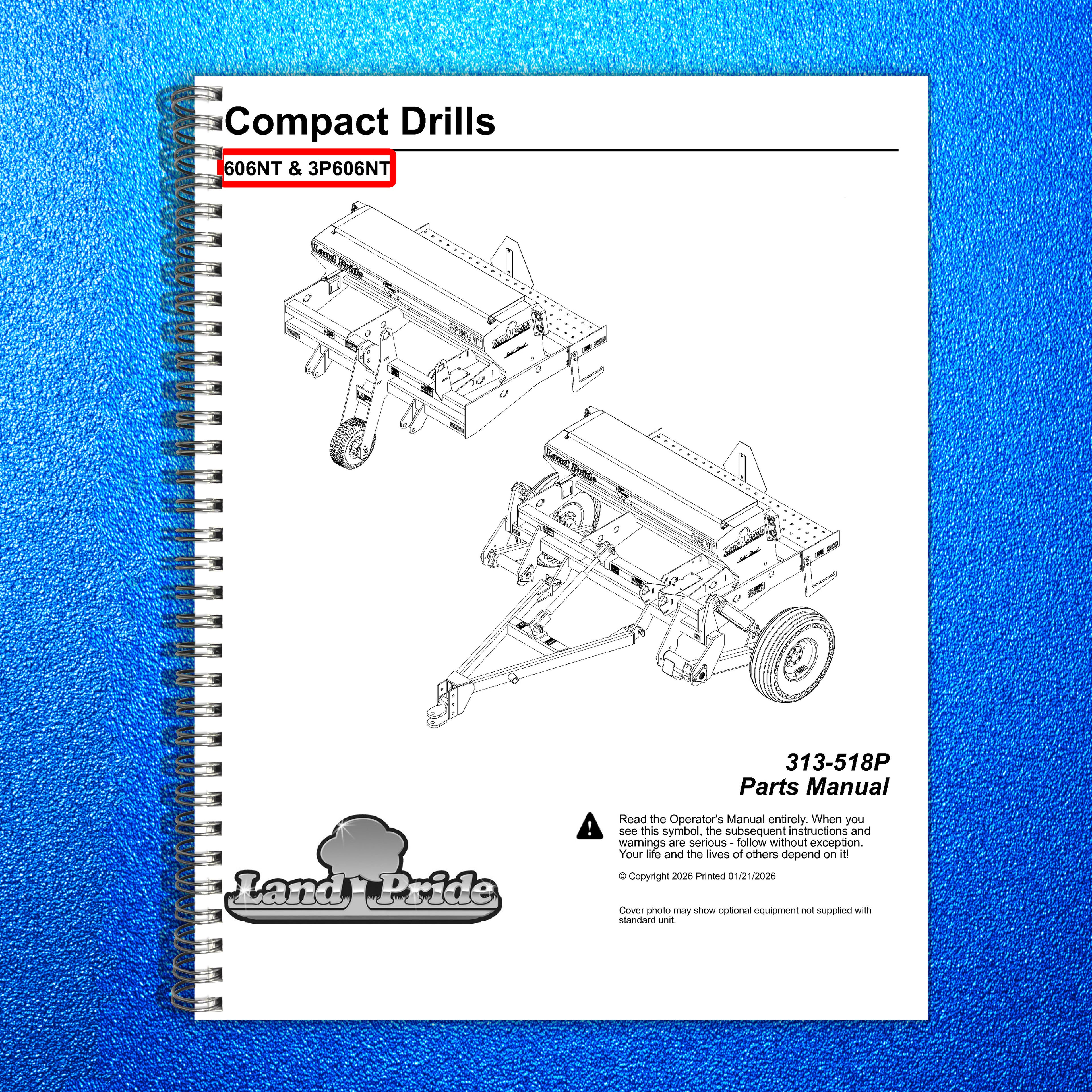 LAND PRIDE 3P606NT Compact Drills Parts Manual 2026 - WIRE BOUND - TOUGH COVERS