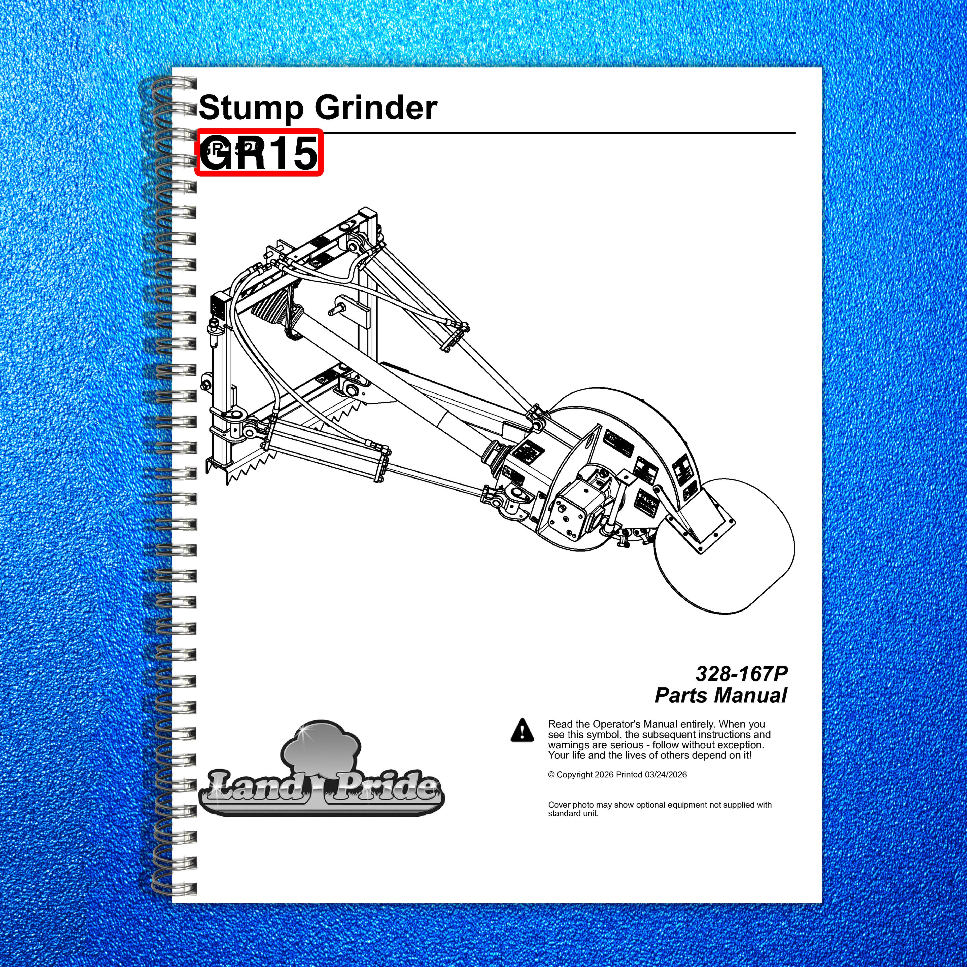 LAND PRIDE GR15 Series Stump Grinder Parts Manual 2026 - WIRE BOUND - COVERS