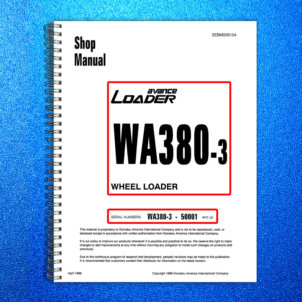 KOMATSU AVANCE LOADER WA380-3 SN 50001 Up Shop Manual, BOUND, COVERS, FOLDOUTS