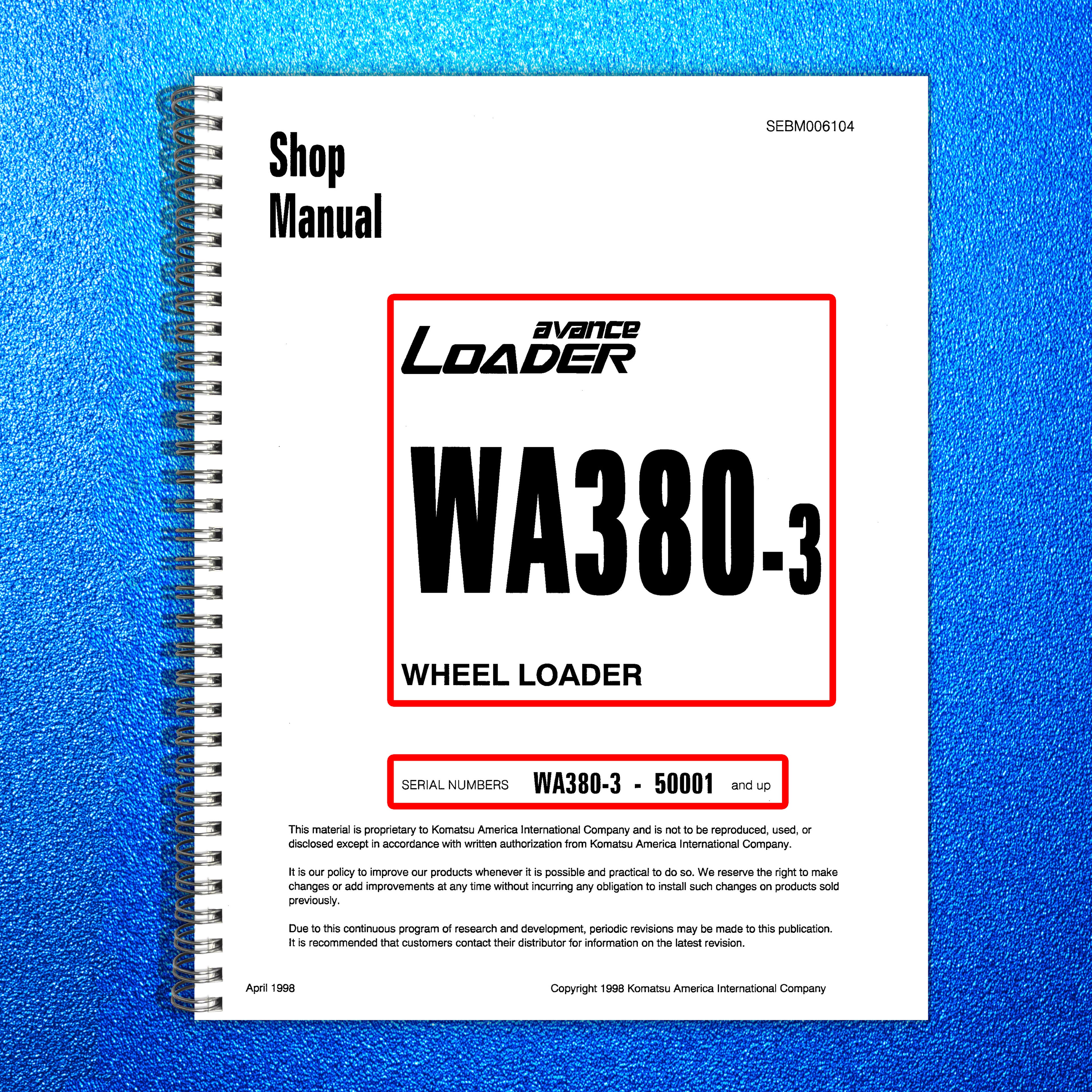 KOMATSU AVANCE LOADER WA380-3 SN 50001 Up Shop Manual, BOUND, COVERS, FOLDOUTS
