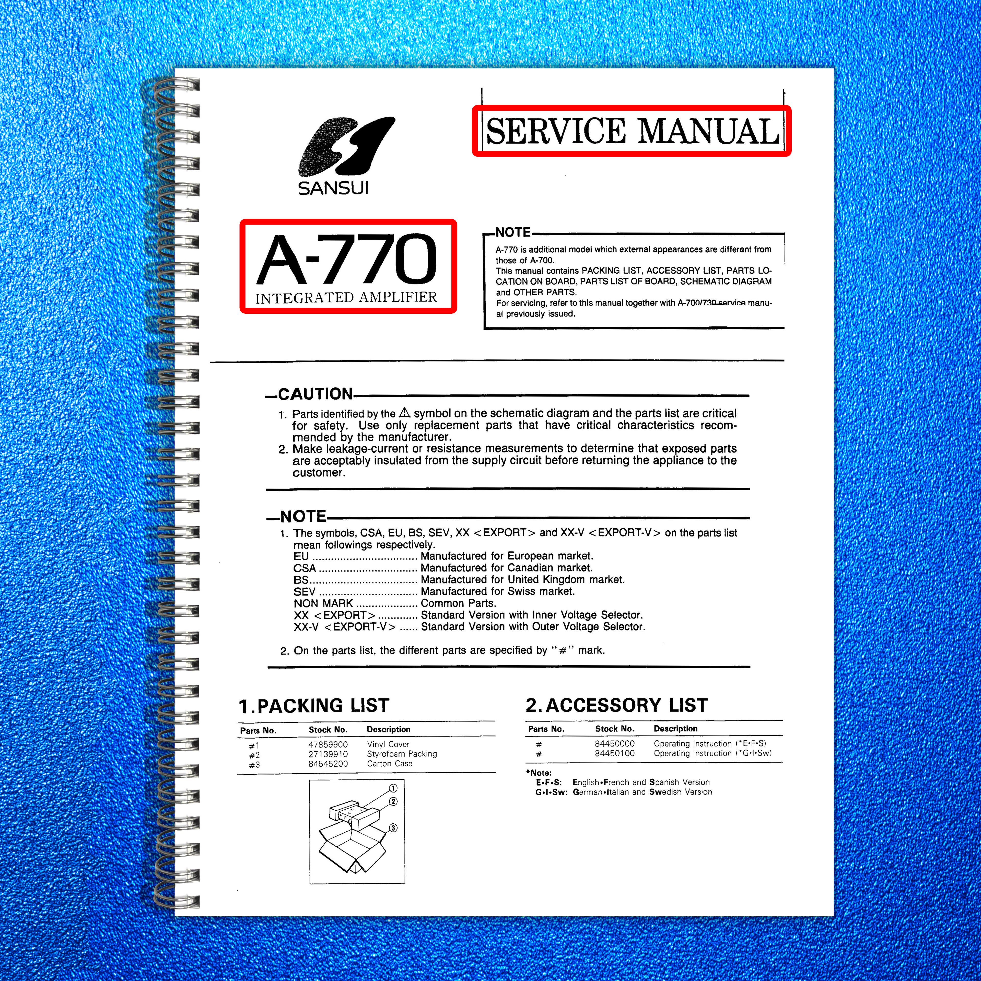 SANSUI A-770 Integrated Amplifier Service Manual - BOUND - COVERS - XL FOLDOUTS