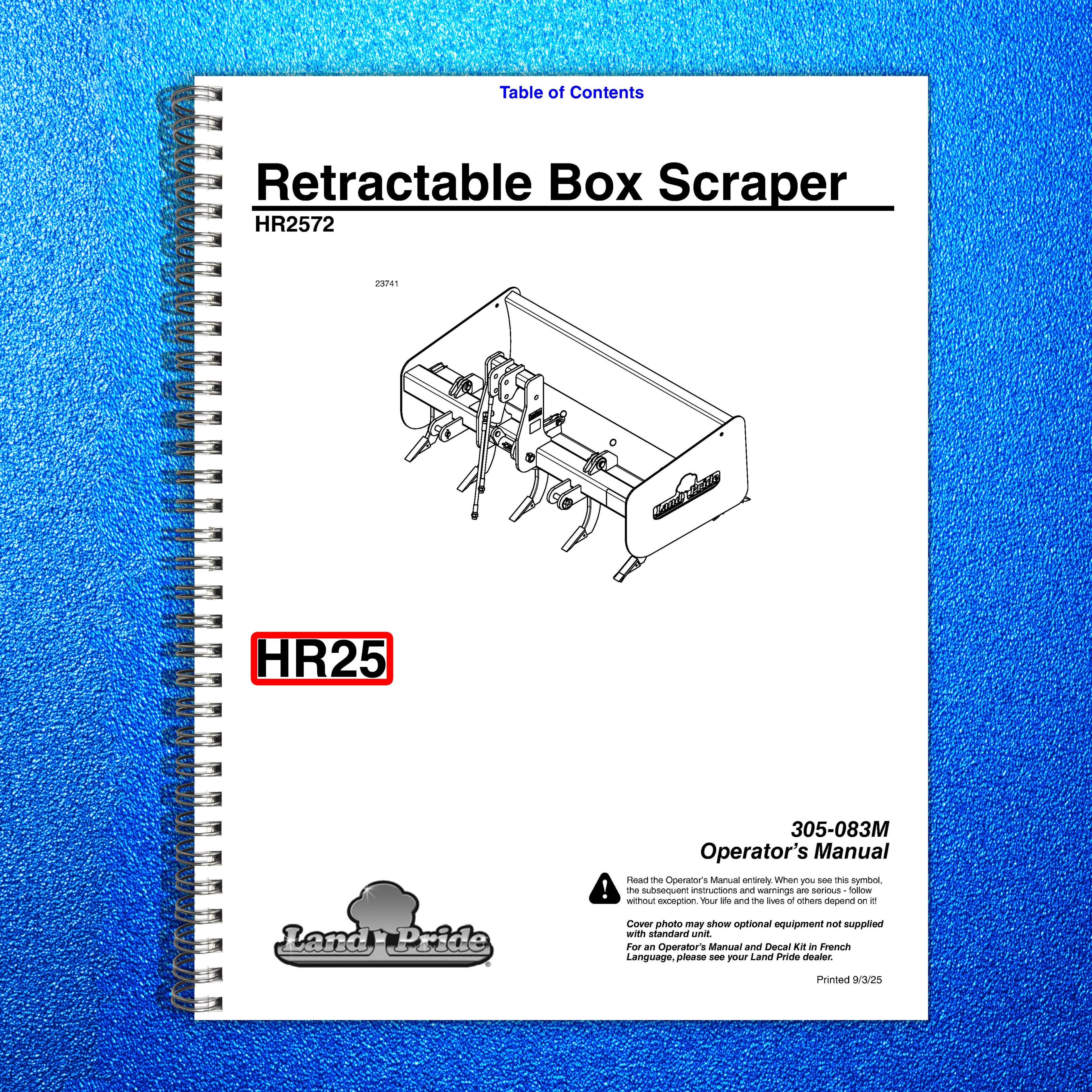 LAND PRIDE HR25 Series Box Scrapers Operators Manual - WIRE BOUND - TOUGH COVERS