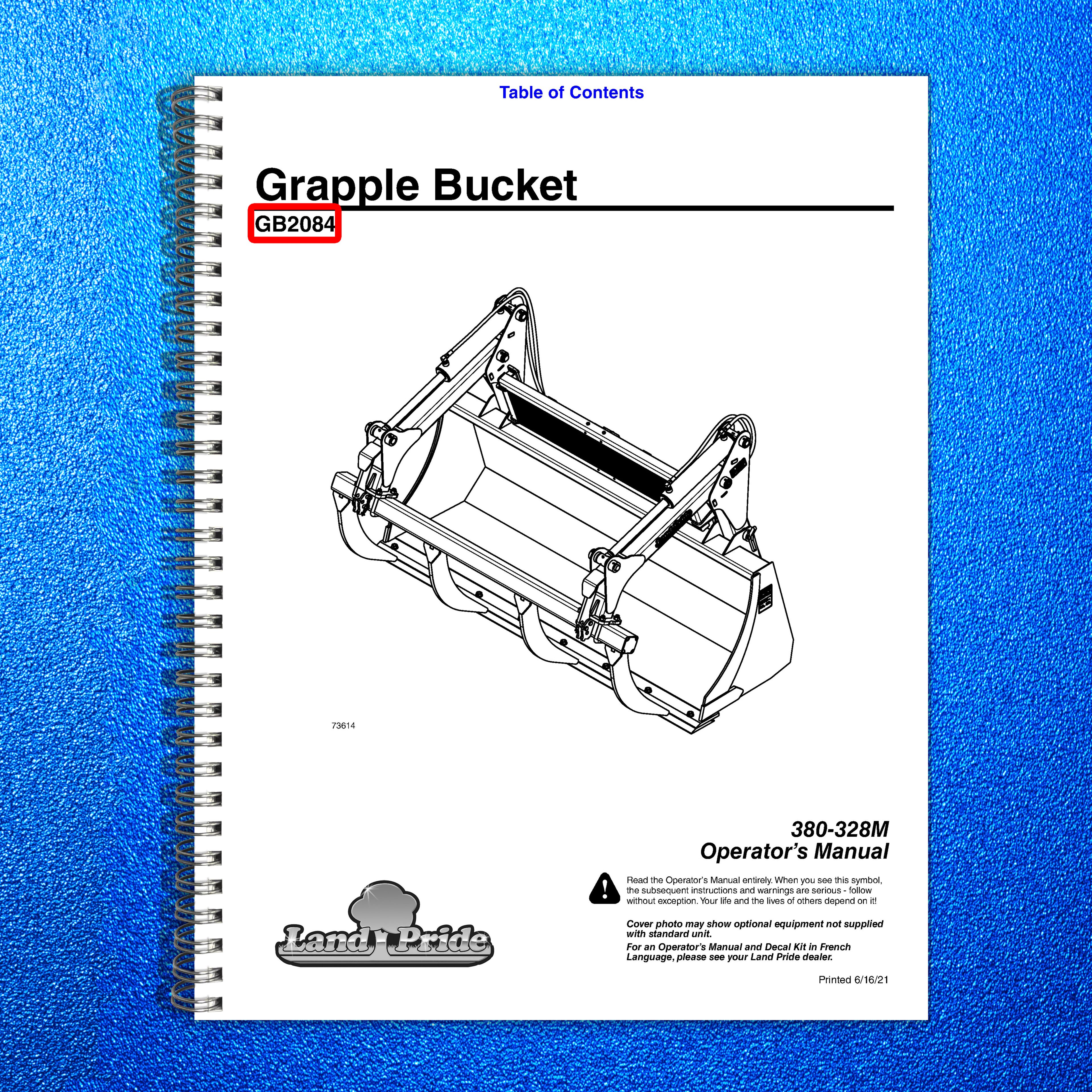 LAND PRIDE GB20 Series Grapple Bucket Operators Manual - WIRE BOUND - COVERS