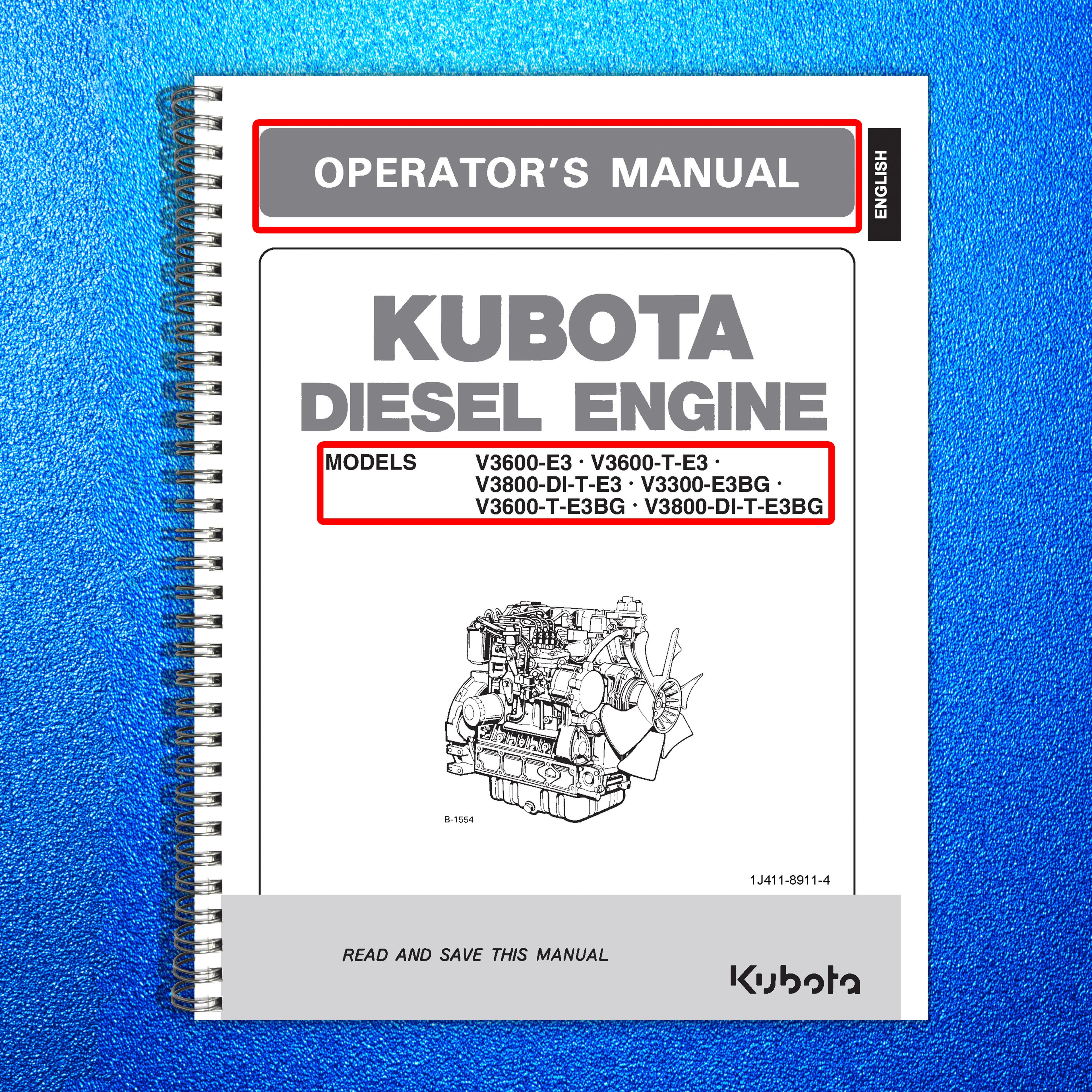 KUBOTA V3300 V3600 V3800 Engine Operators Manual - WIRE BOUND - TOUGH COVERS