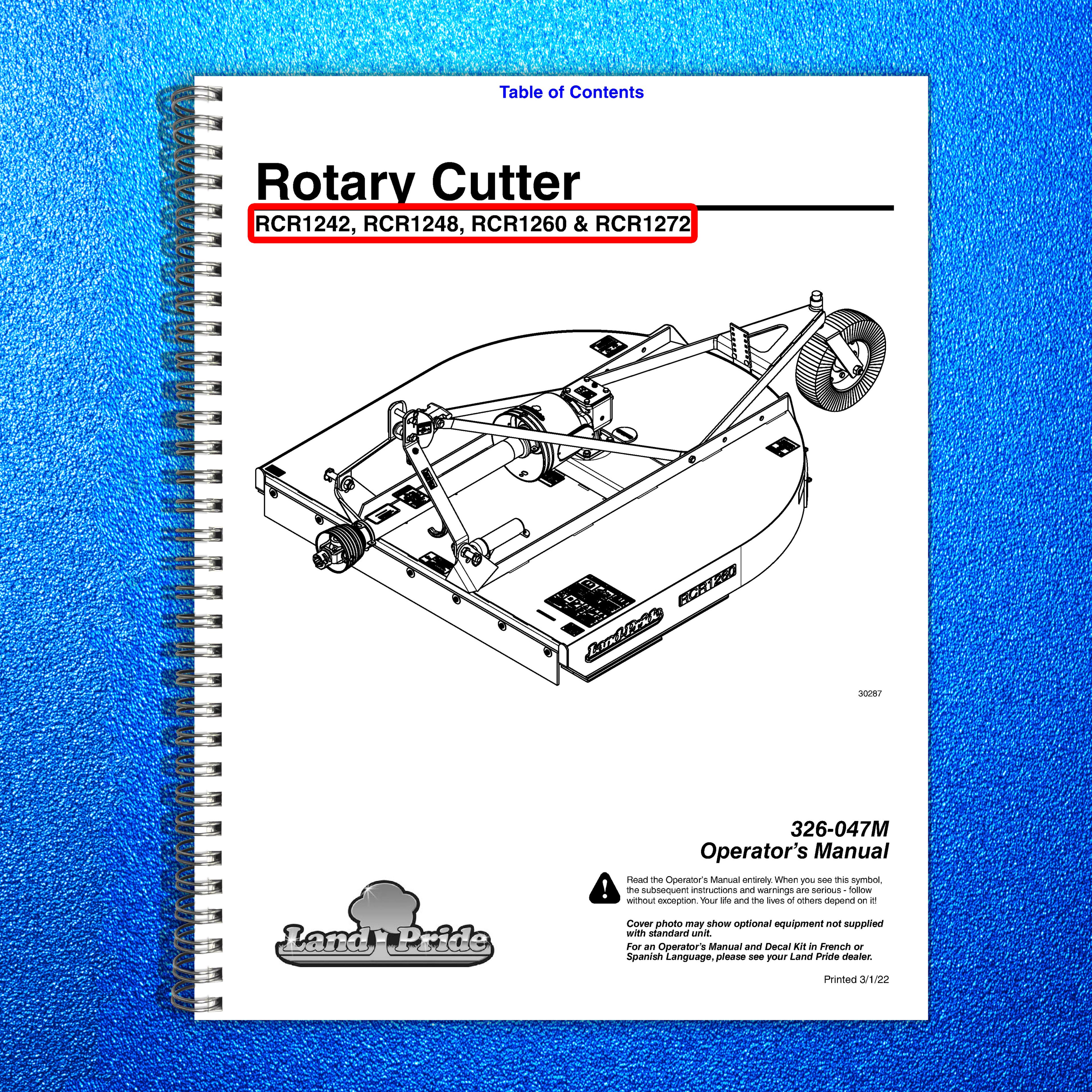 LANDPRIDE RCR 1242 1248 1260 1272 Rotary Cutter Operators Manual - WIRE BOUND