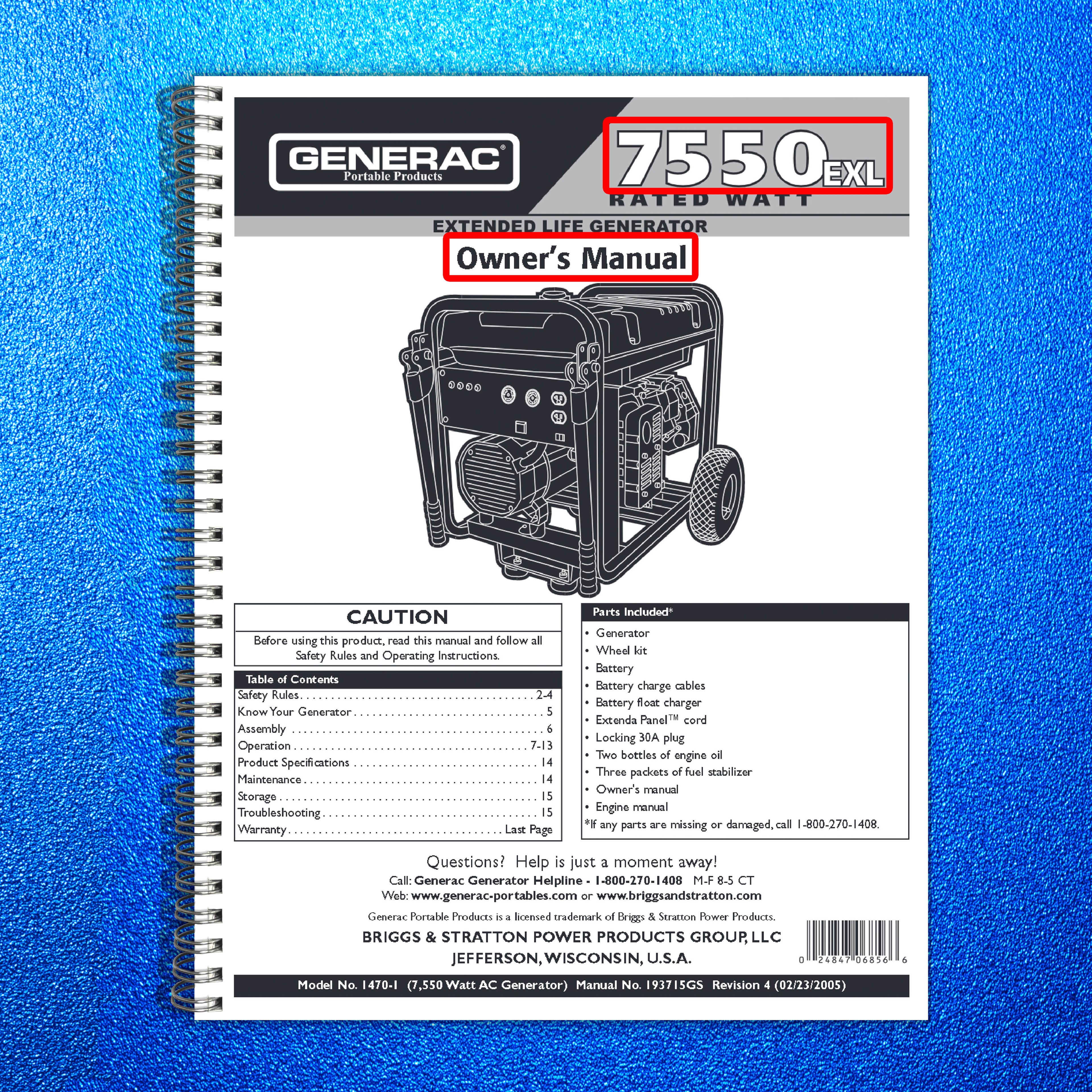 GENERAC 7550EXL Operators Manual - STEEL WIRE BOUND - PROTECTIVE COVERS