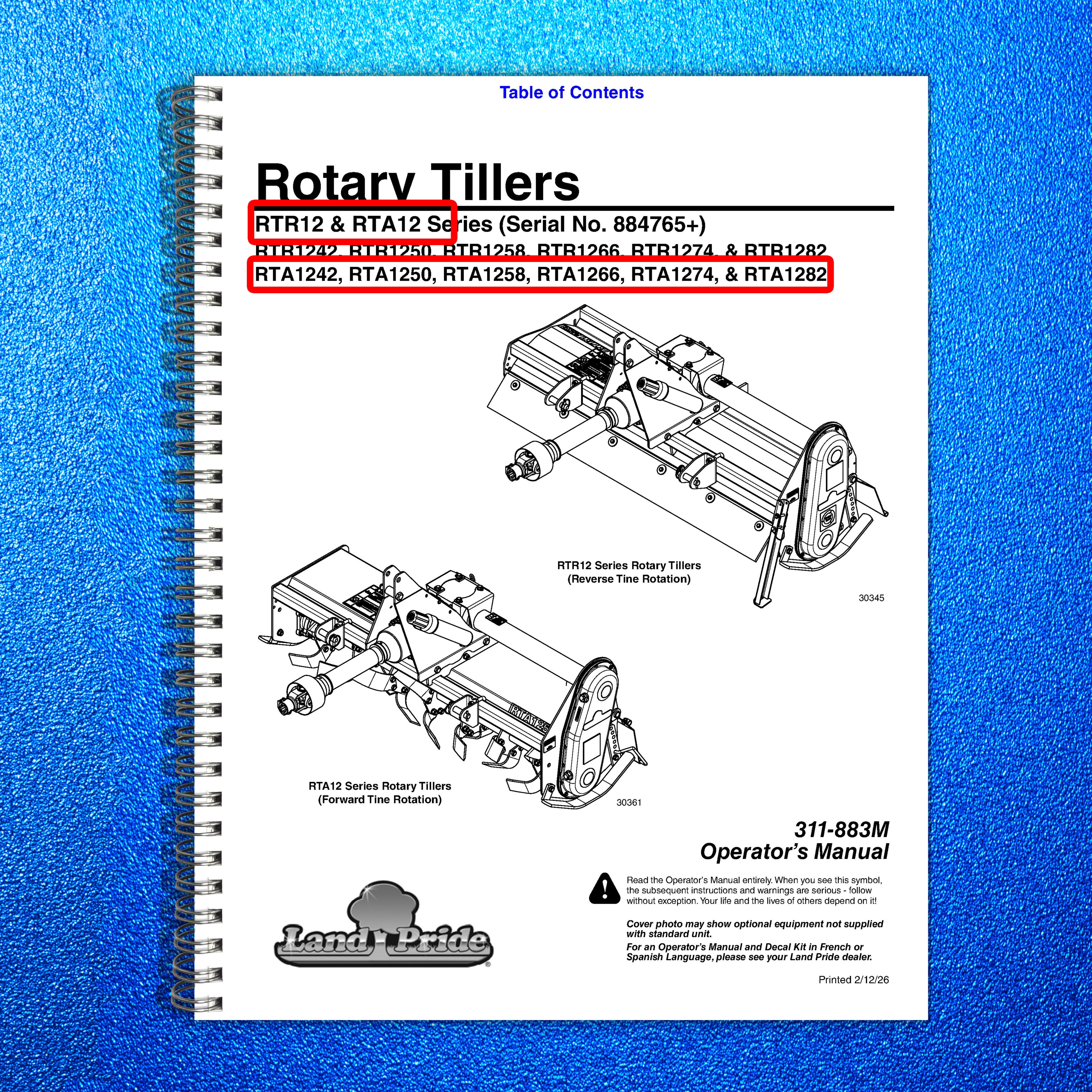 LAND PRIDE RTA12 Series Forward Rotation Rotary Tillers Operators Manual - BOUND