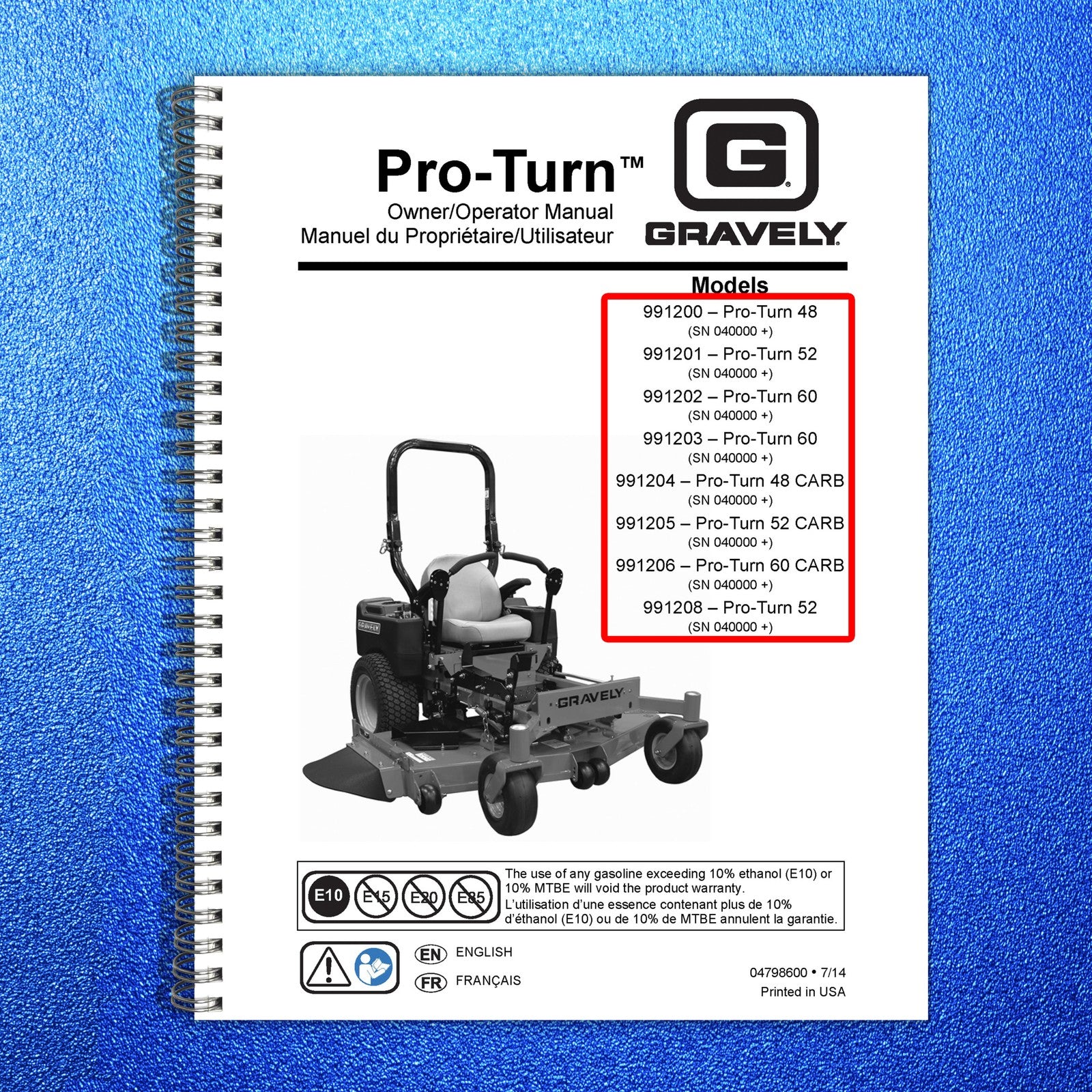 GRAVELY Pro-Turn 48 52 60 Zero-Turn Owners Operators Manual SN 040000 Up - BOUND