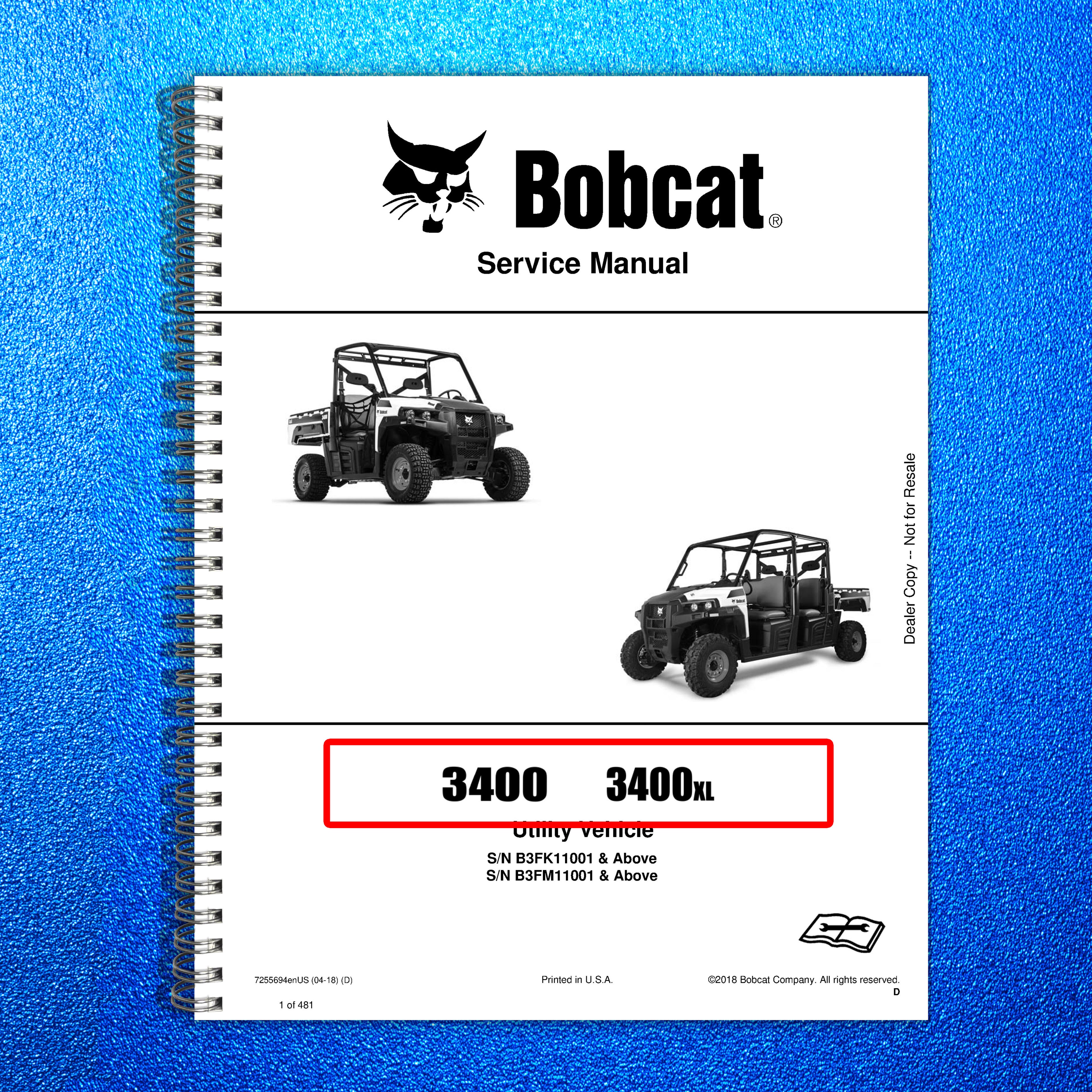 BOBCAT 3400 3400XL Utility Vehicle Service Manual 2018, BOUND, COVERS, FOLDOUTS