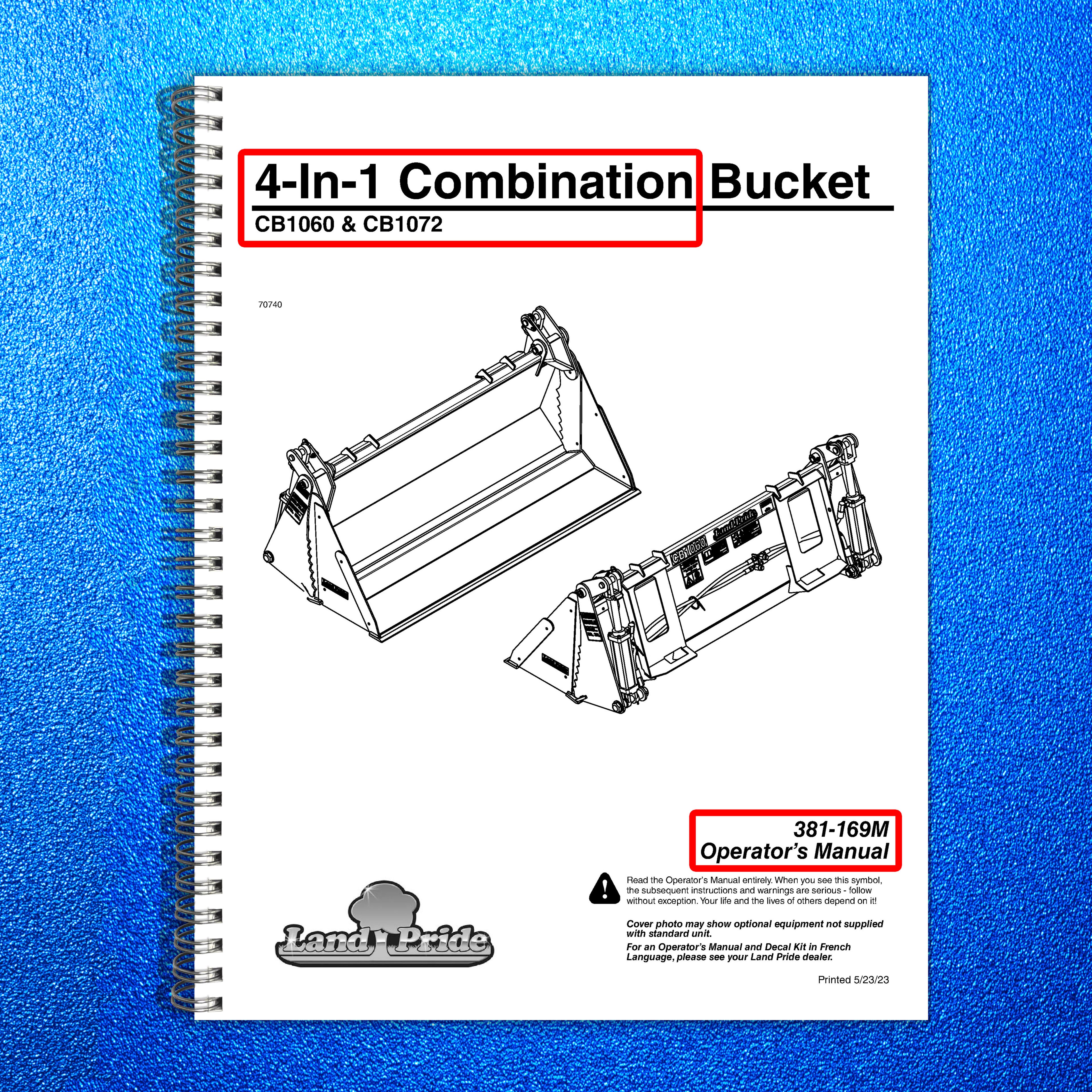 LAND PRIDE CB1060 CB1072 4-In-1 Combination Bucket Operators Manual - WIRE BOUND