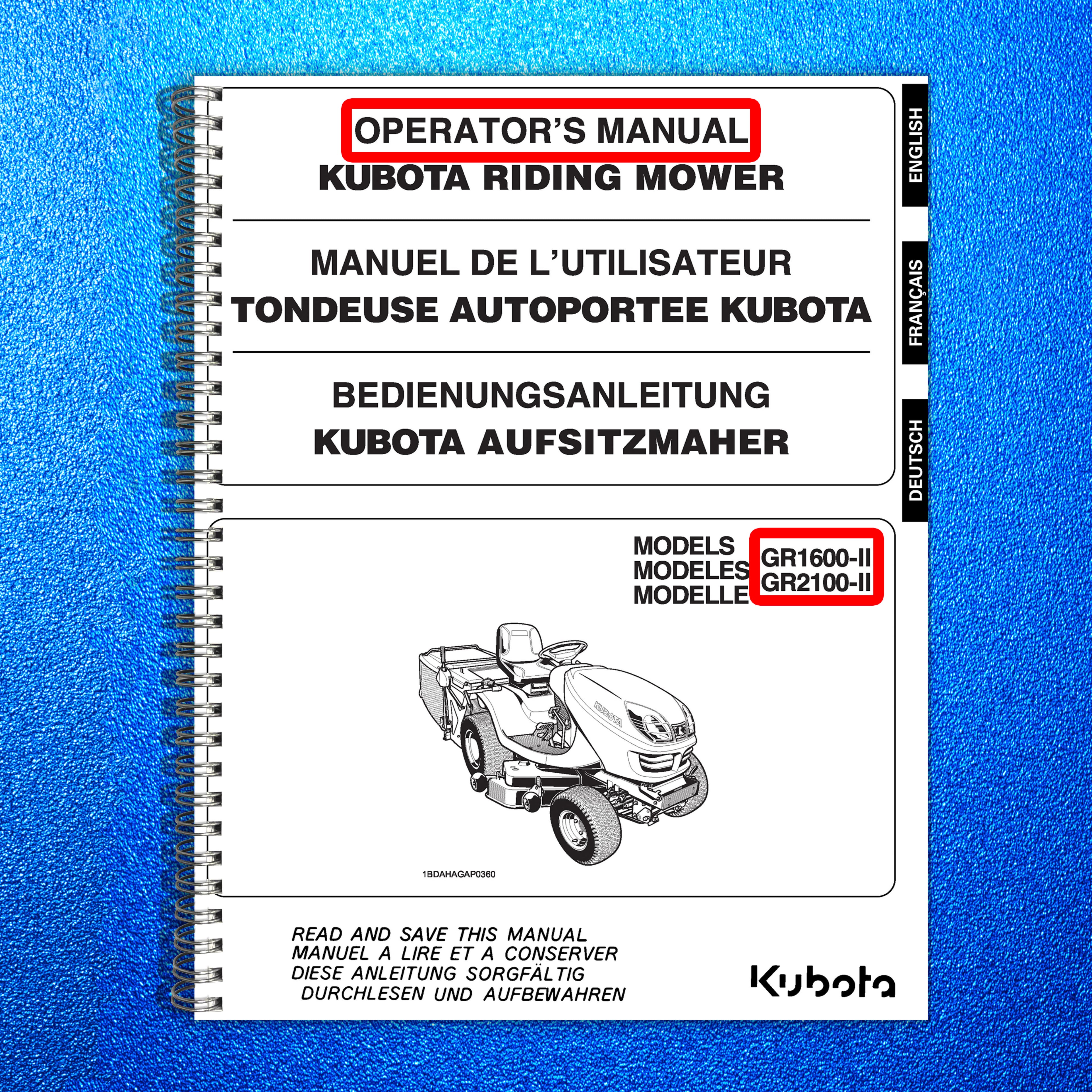 KUBOTA GR2100 GR1600 Riding Mower Operators Manual - BOUND - COVERS - FOLDOUTS