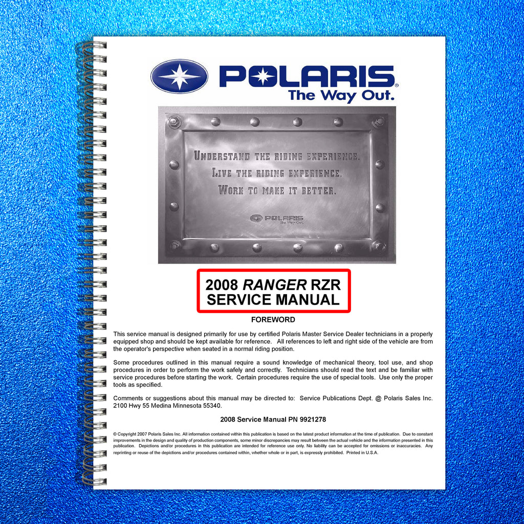 POLARIS RANGER RZR 800 Service Manual YR 2008 - BOUND - COVERS - XL FOLDOUTS