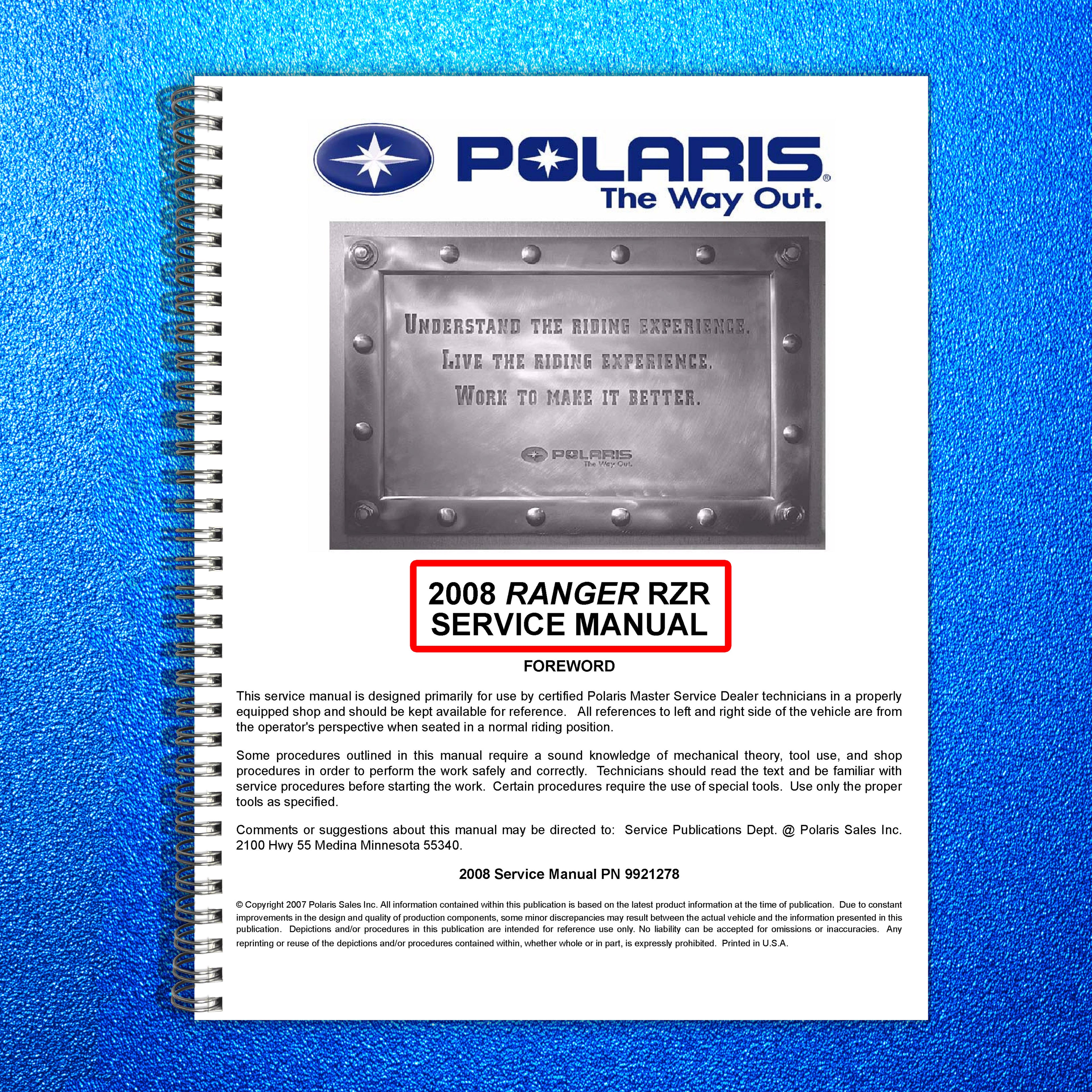 POLARIS RANGER RZR 800 Service Manual YR 2008 - BOUND - COVERS - XL FOLDOUTS