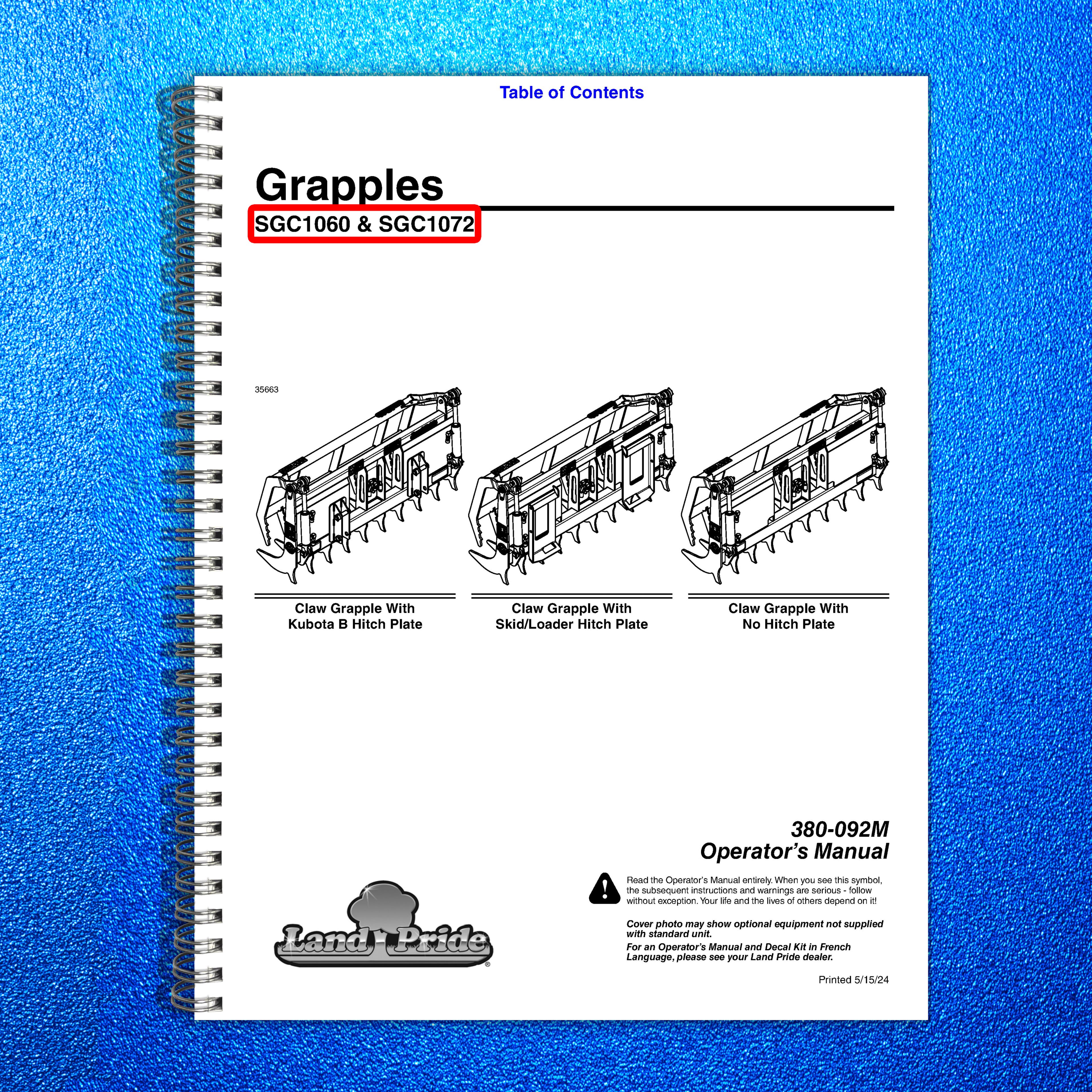 LAND PRIDE SGC10 Series Claw Grapples Operators Manual - WIRE BOUND - COVERS