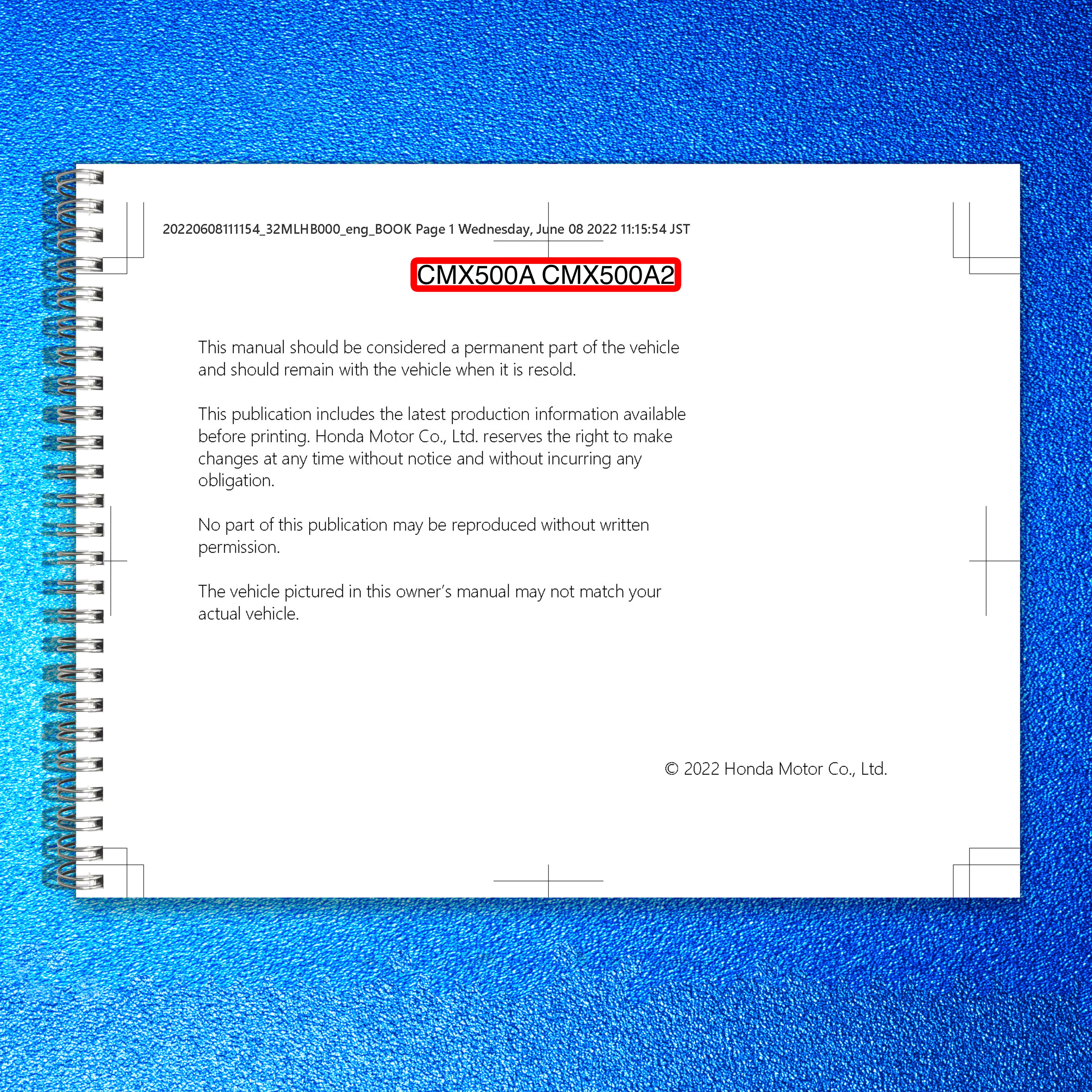 HONDA CMX500A CMX500A2 Owners Manual 2022 - STEEL WIRE BOUND - PROTECTIVE COVERS