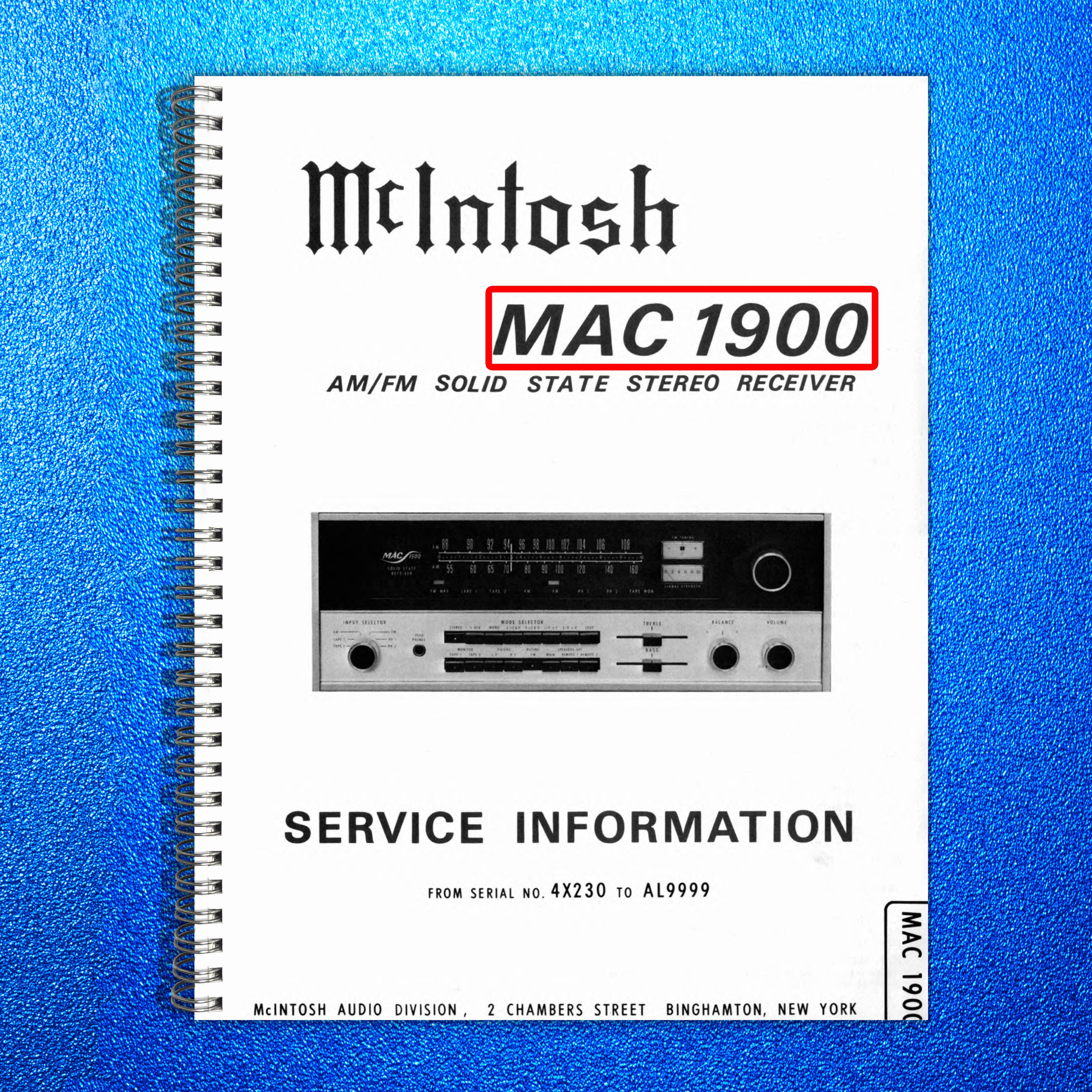 MCINTOSH MAC 1900 AM FM Stereo Receiver Service Information Manual - WIRE BOUND