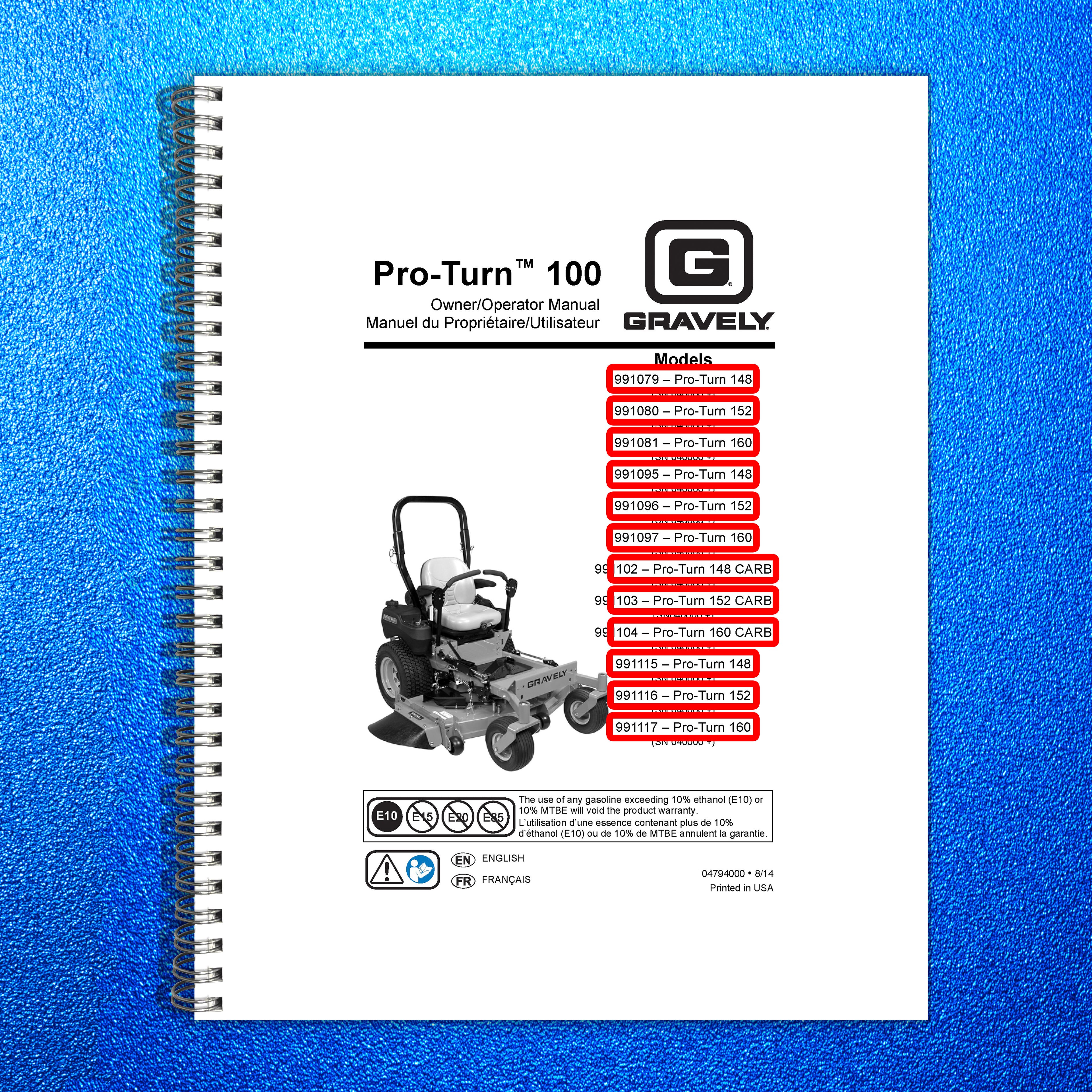 GRAVELY Pro-Turn 148 152 160 Mower Owner Operator Manual 2014 - WIRE BOUND