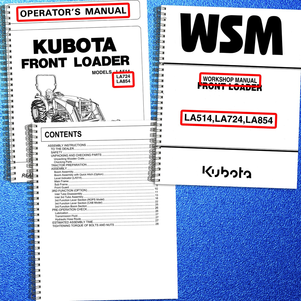 KUBOTA LA514 LA724 LA854 Workshop Operators Installation Manual BUNDLE
