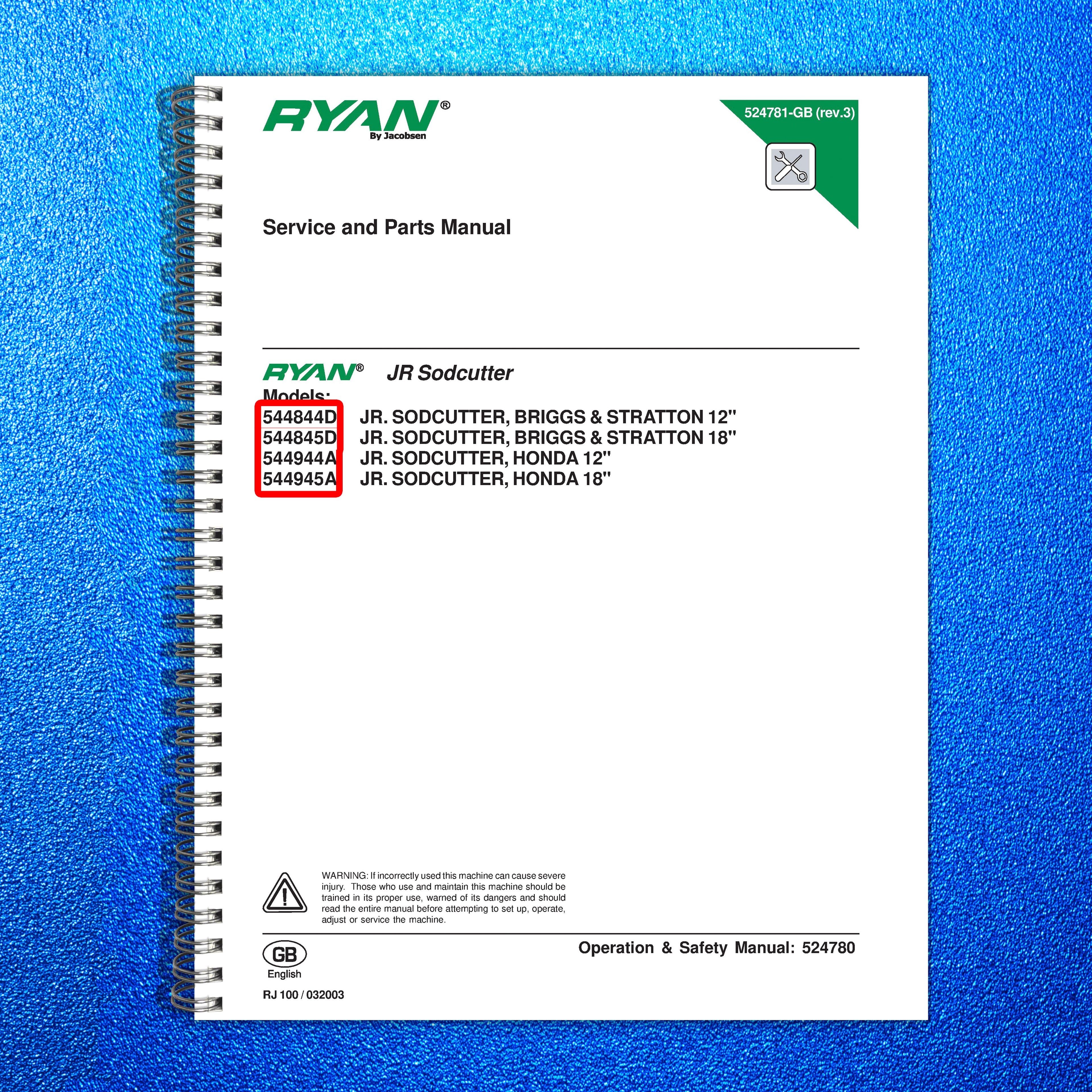 RYAN JR SODCUTTER 544844D 544845D 544944A 544945A Service And Parts Manual