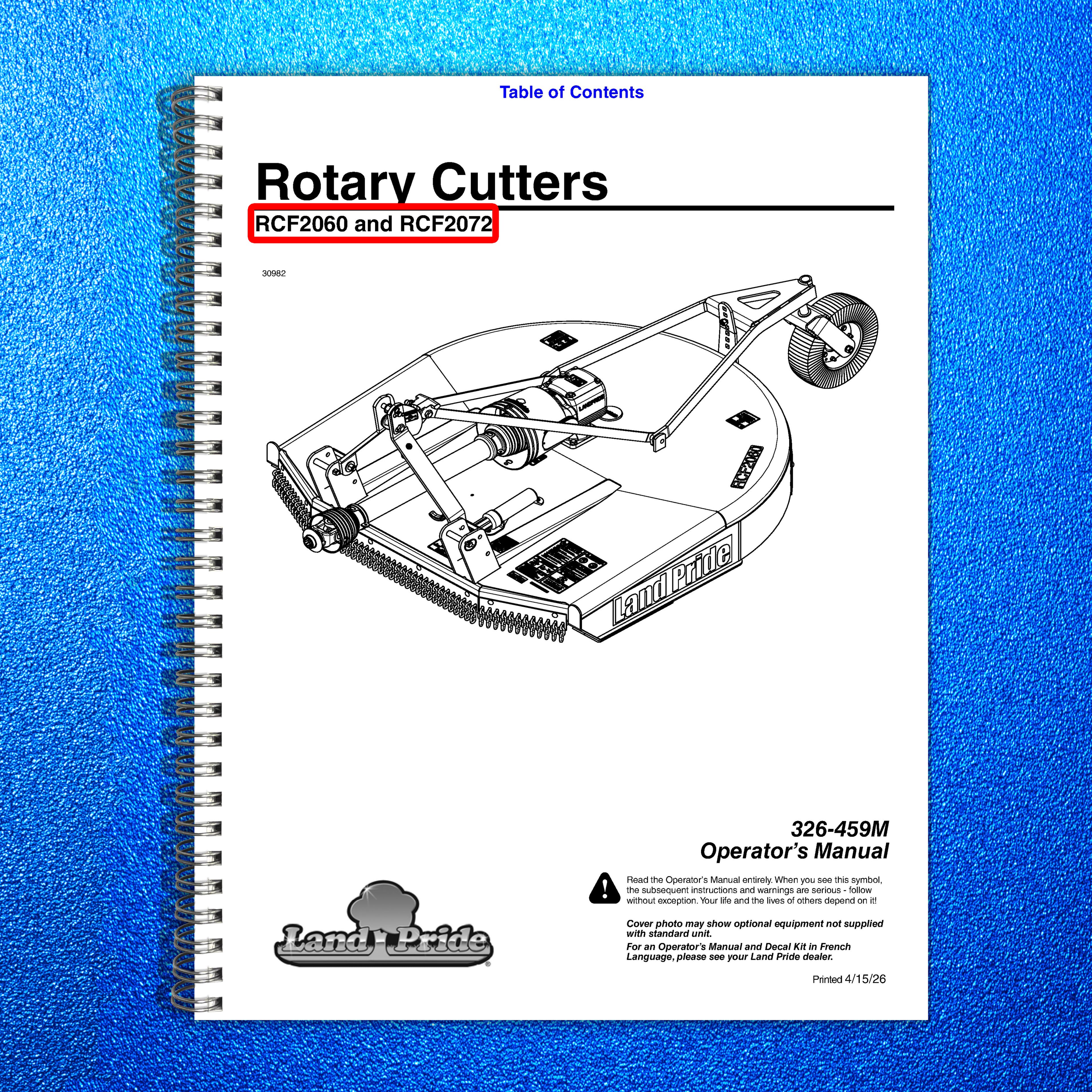 LAND PRIDE RCF2060 RCF2072 Rotary Cutters Operators Manual 2026 - WIRE BOUND