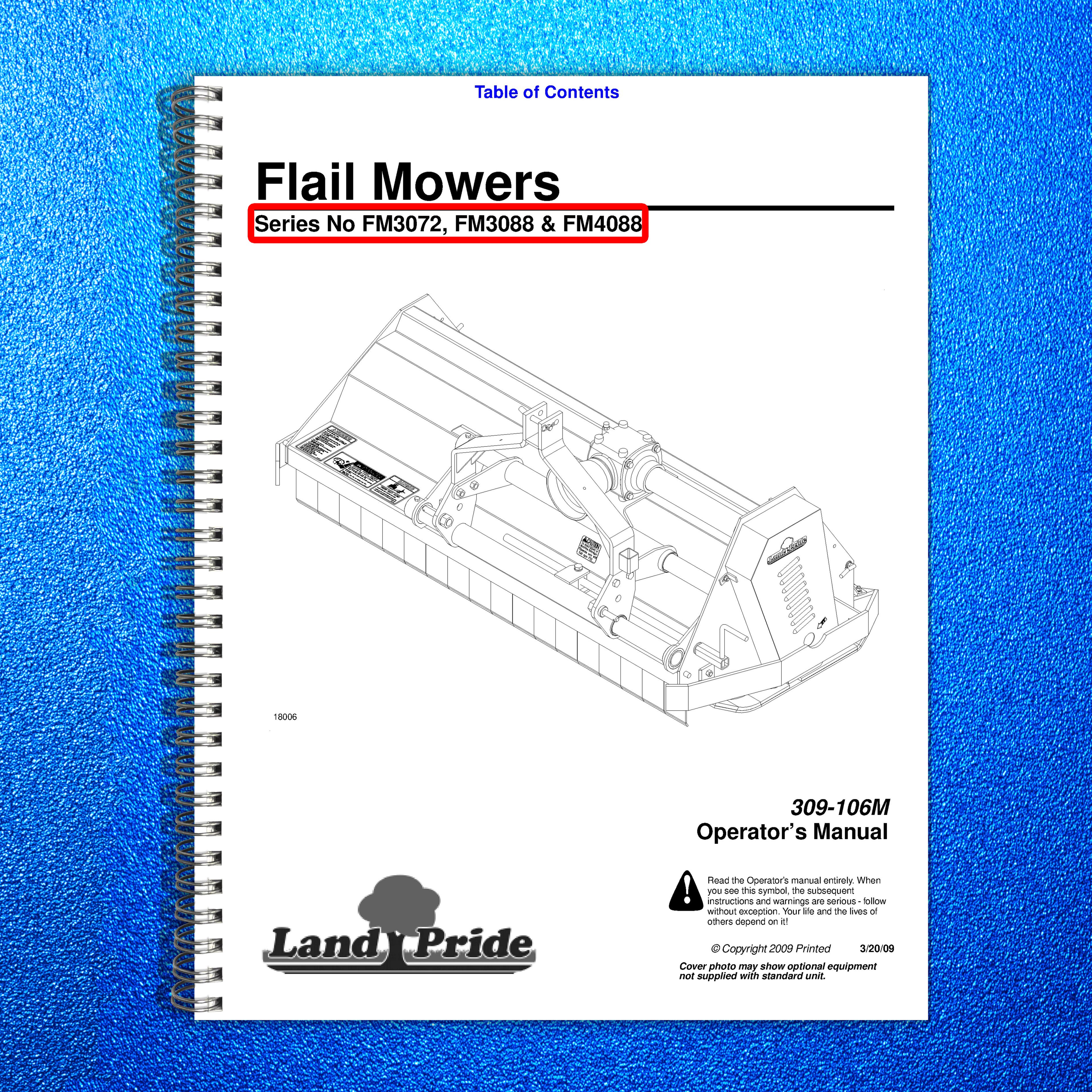 LAND PRIDE FM3072 FM3088 FM4088 Flail Mowers Operators Manual 2009 - WIRE BOUND