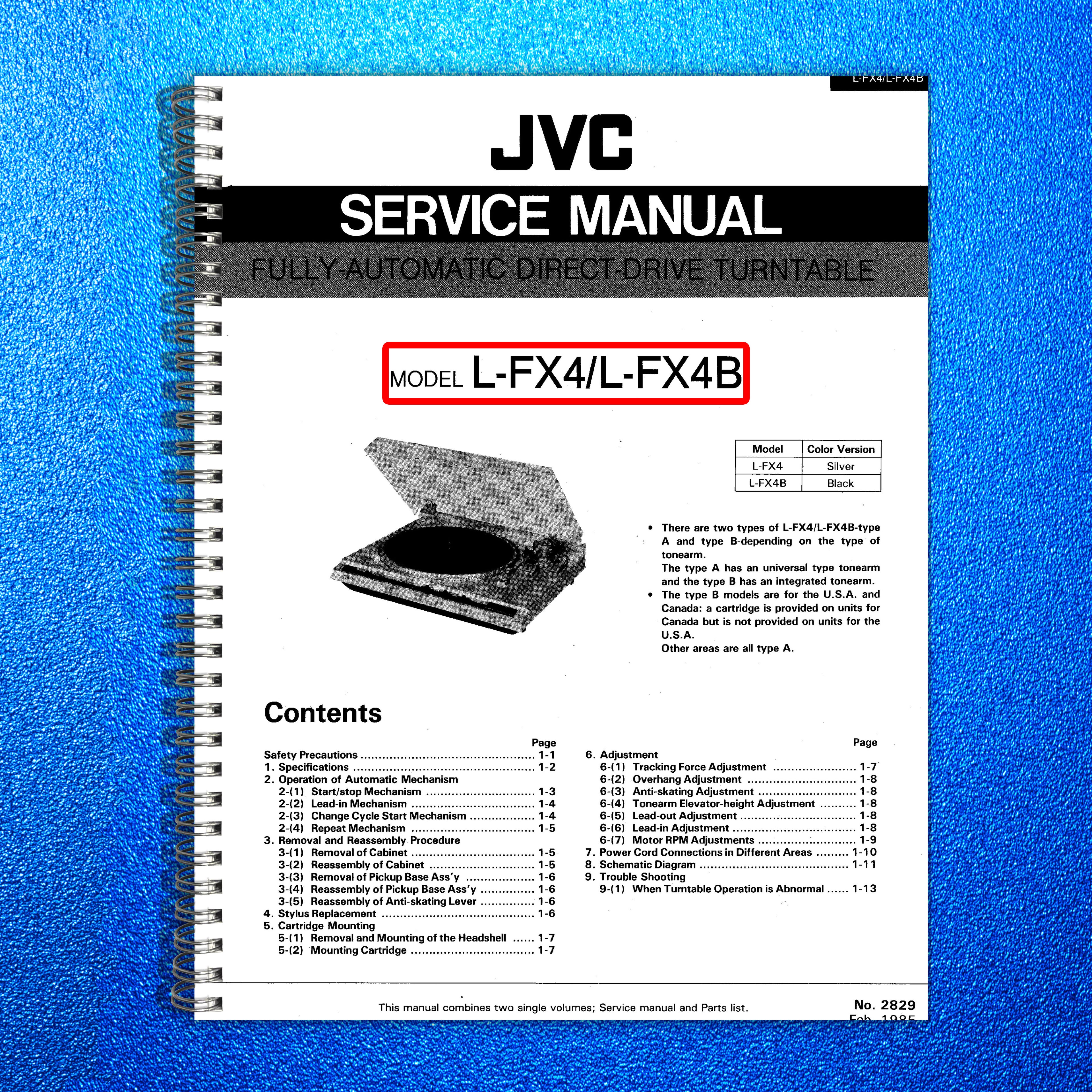JVC L-FX4 L-FX4B Turntable Service And Parts Manual 1985 - WIRE BOUND - COVERS
