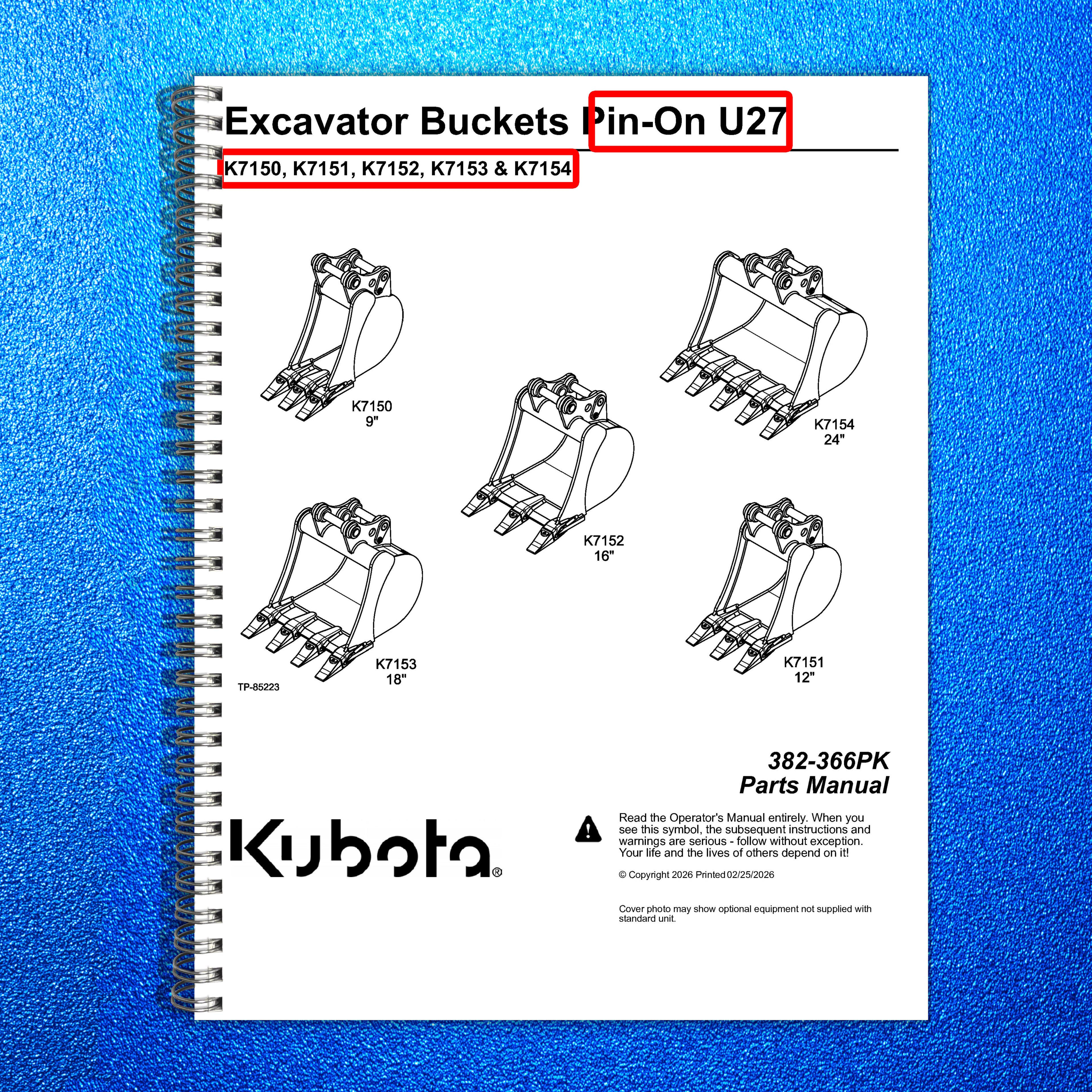 LAND PRIDE K71XX U27 K-series Excavator Buckets Parts Manual 2026 - WIRE BOUND