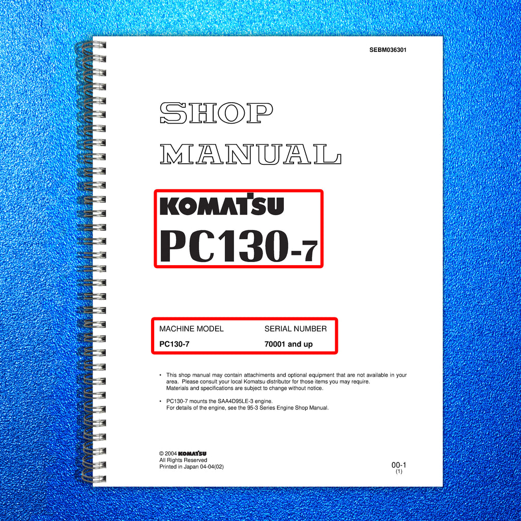 KOMATSU PC130-7 SN 70001 SHOP MANUAL - STEEL WIRE BOUND - PROTECTIVE COVERS