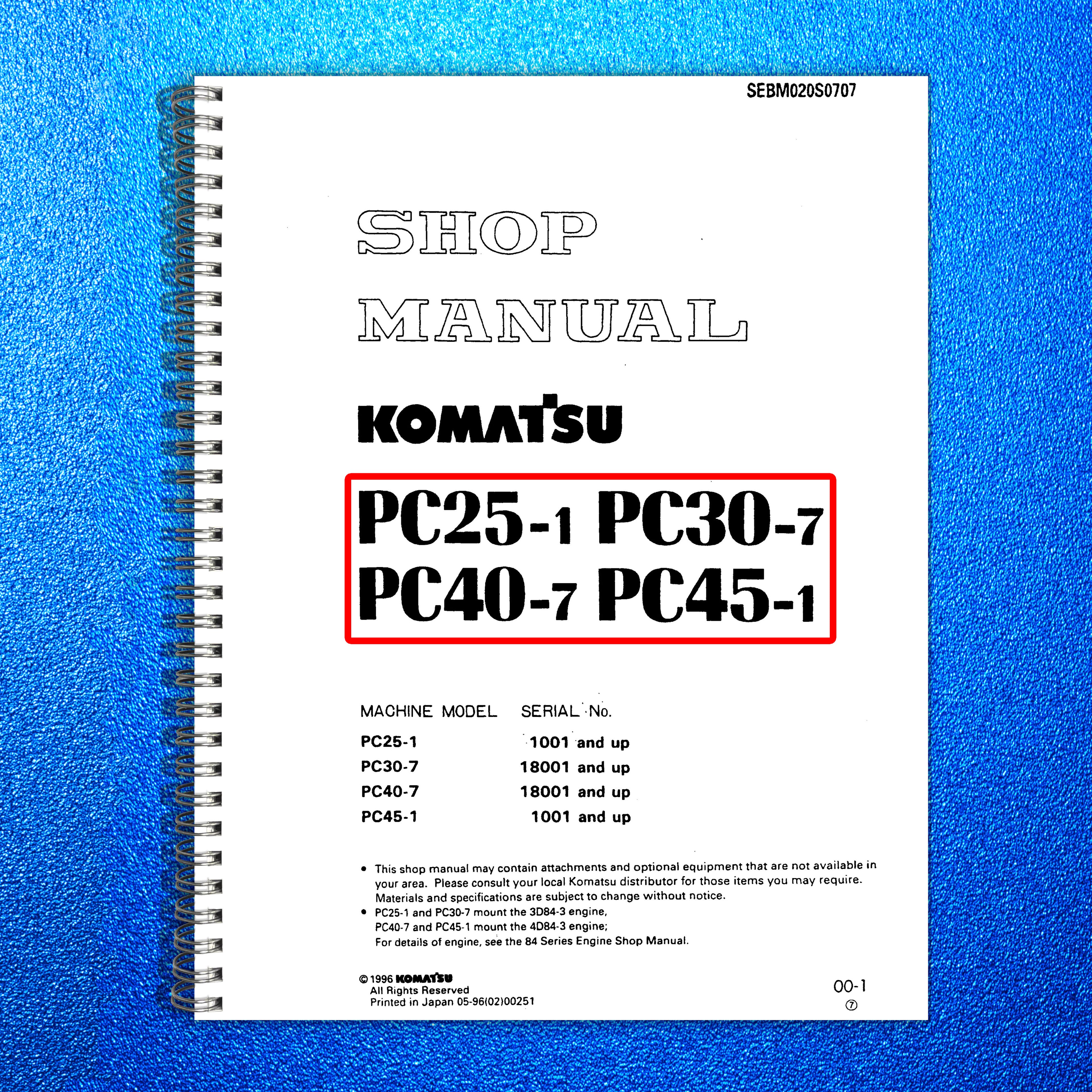 KOMATSU PC25-1 PC30-7 PC40-7 PC45-1 Shop Manual - BOUND - COVERS - XL FOLDOUTS