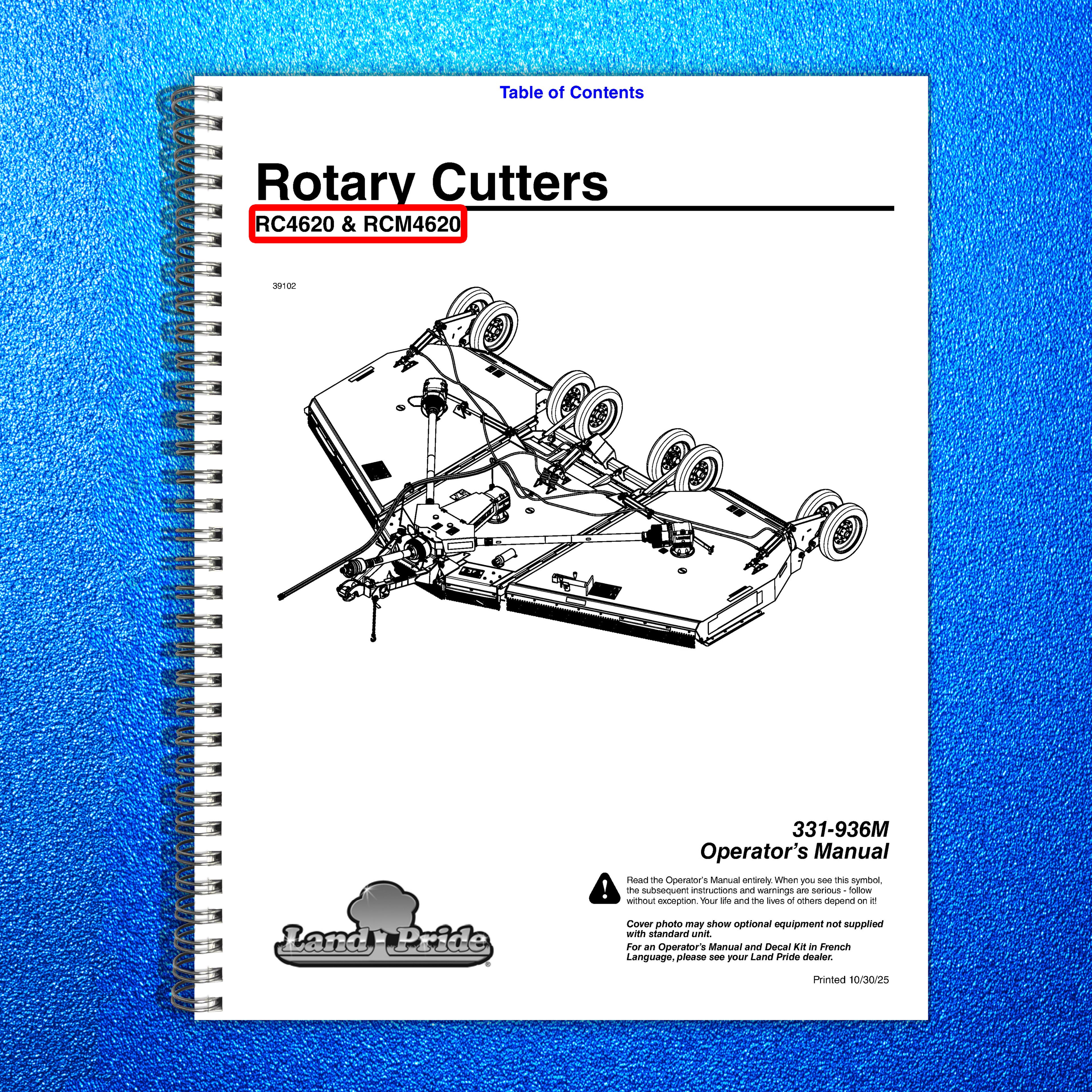 LAND PRIDE RC4620 Rotary Cutter Operators Manual - WIRE BOUND - TOUGH COVERS