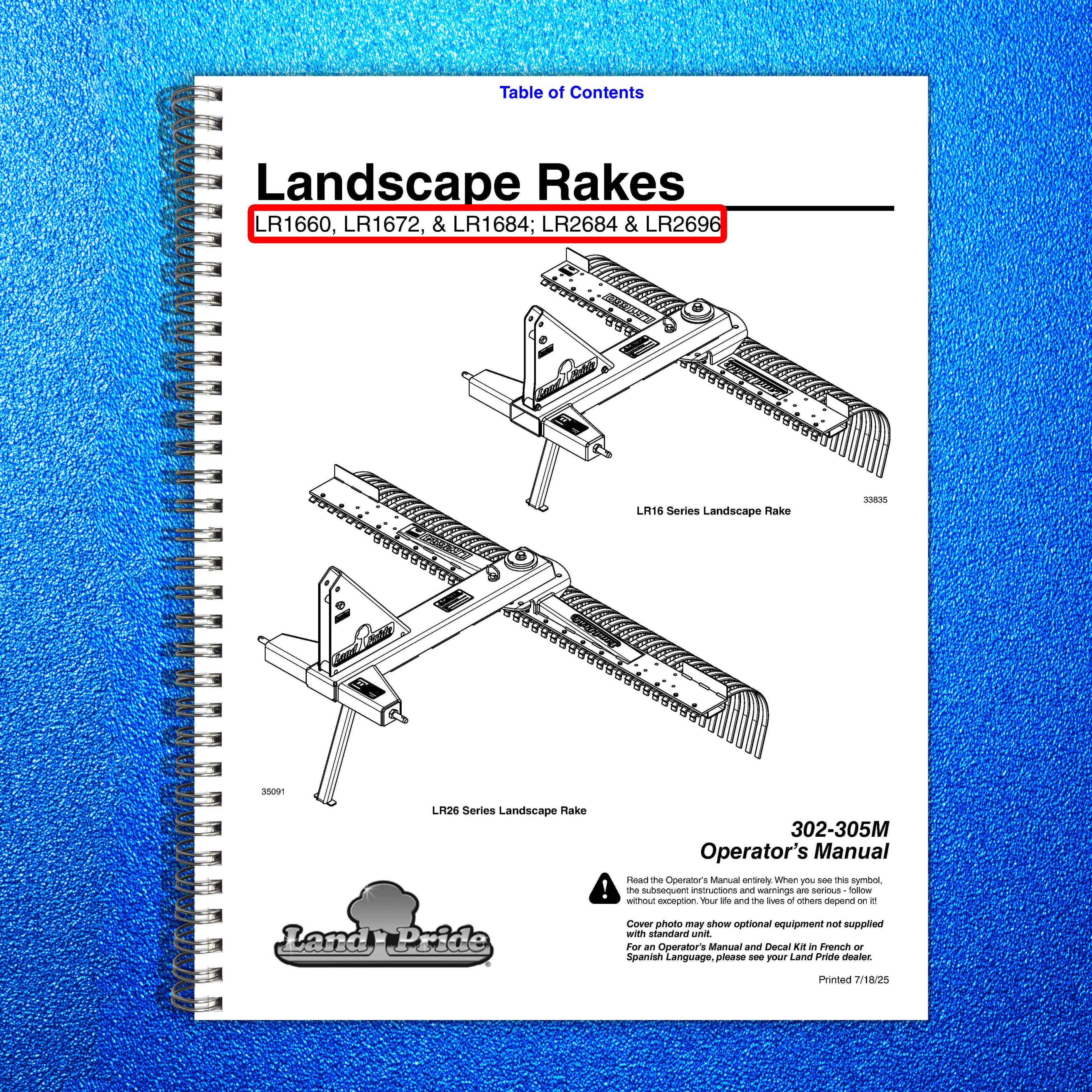 LAND PRIDE LR16 Series Landscape Rakes Operators Manual - WIRE BOUND - COVERS