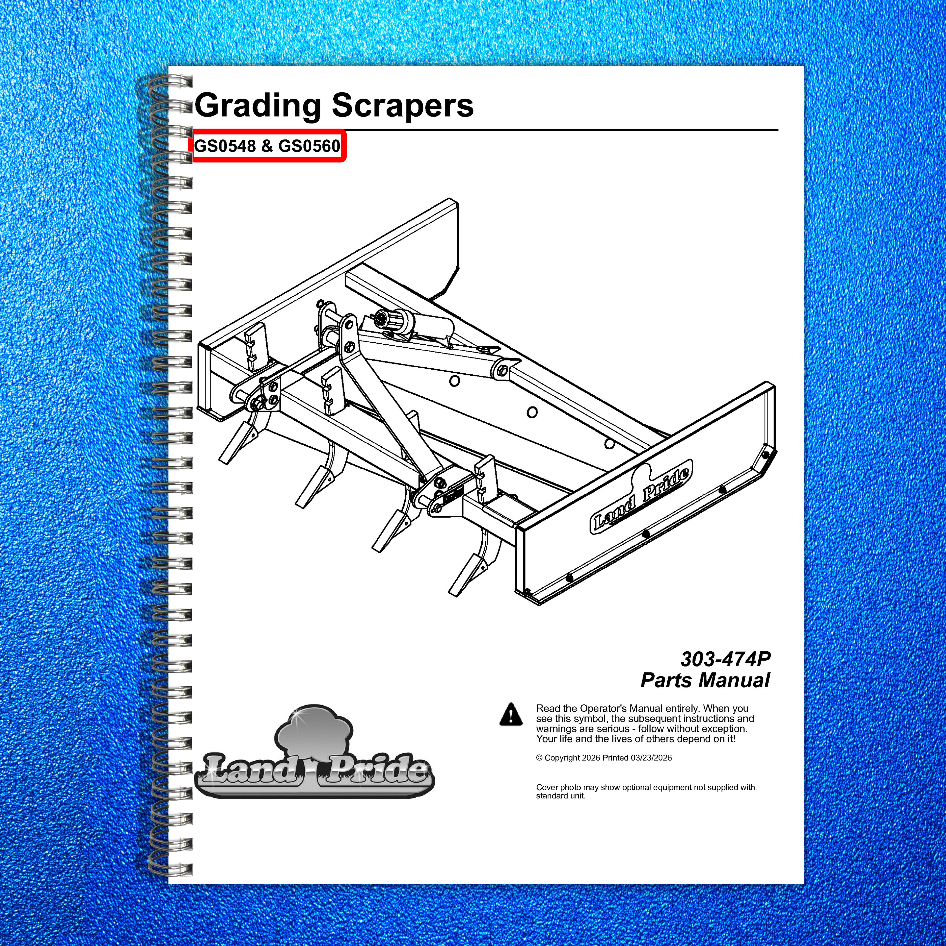 LAND PRIDE GS05 Series Grading Scrapers Parts Manual 2026 - WIRE BOUND - COVERS
