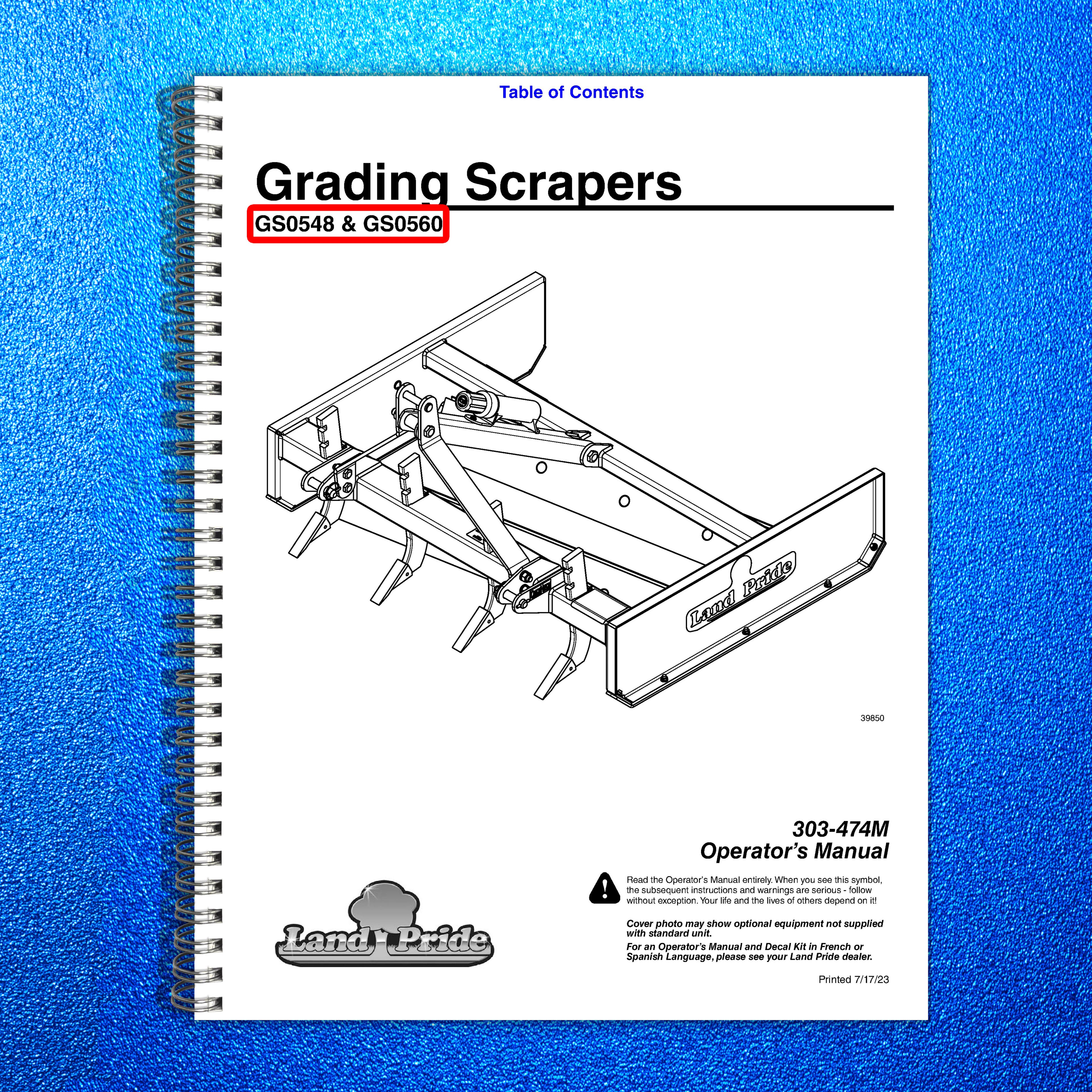 LAND PRIDE GS05 Series Grading Scrapers Operators Manual - WIRE BOUND - COVERS