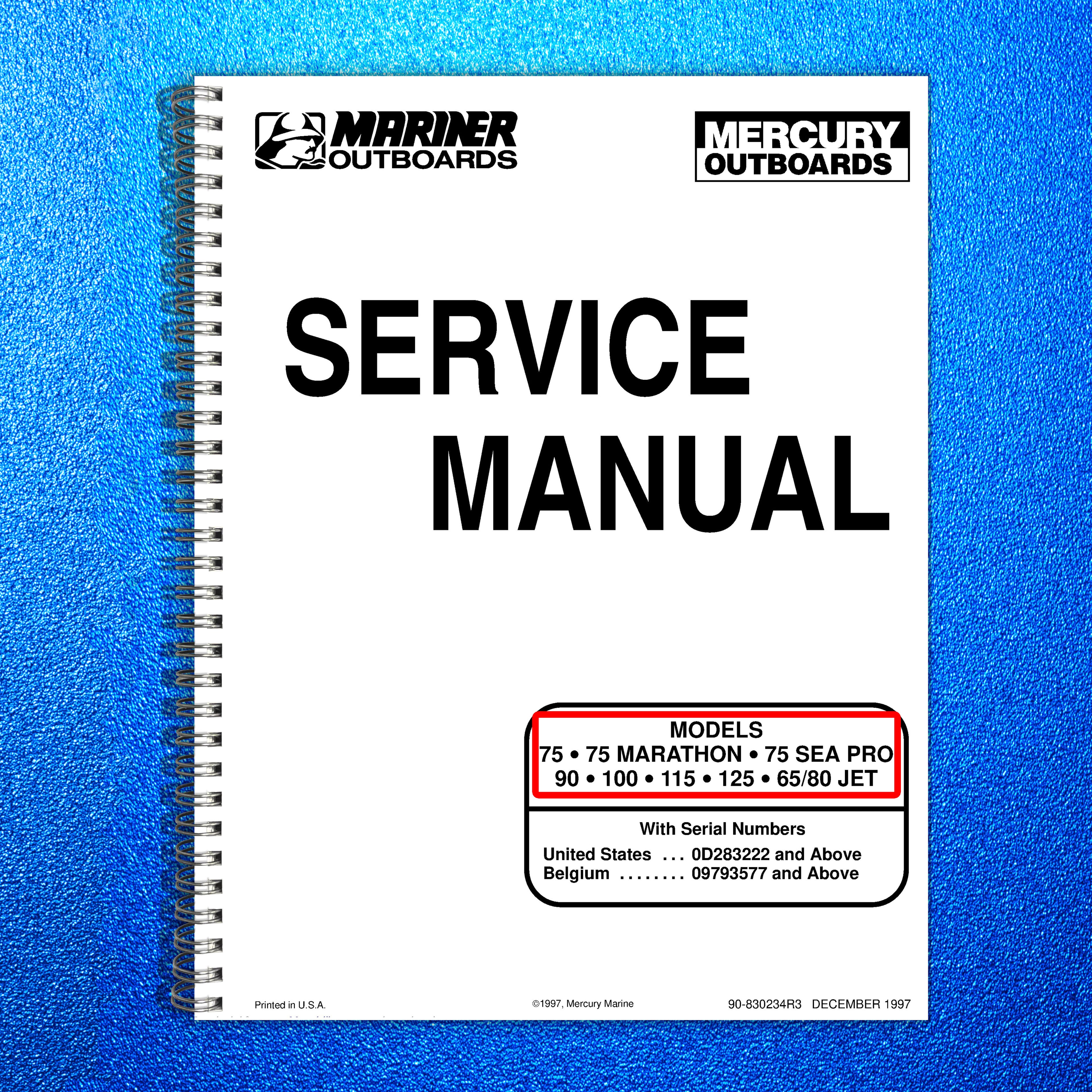 MERCURY 75 MARATHON 75 SEA PRO 90 100 115 125 65/80 JET '97 SERVICE MANUAL BOUND