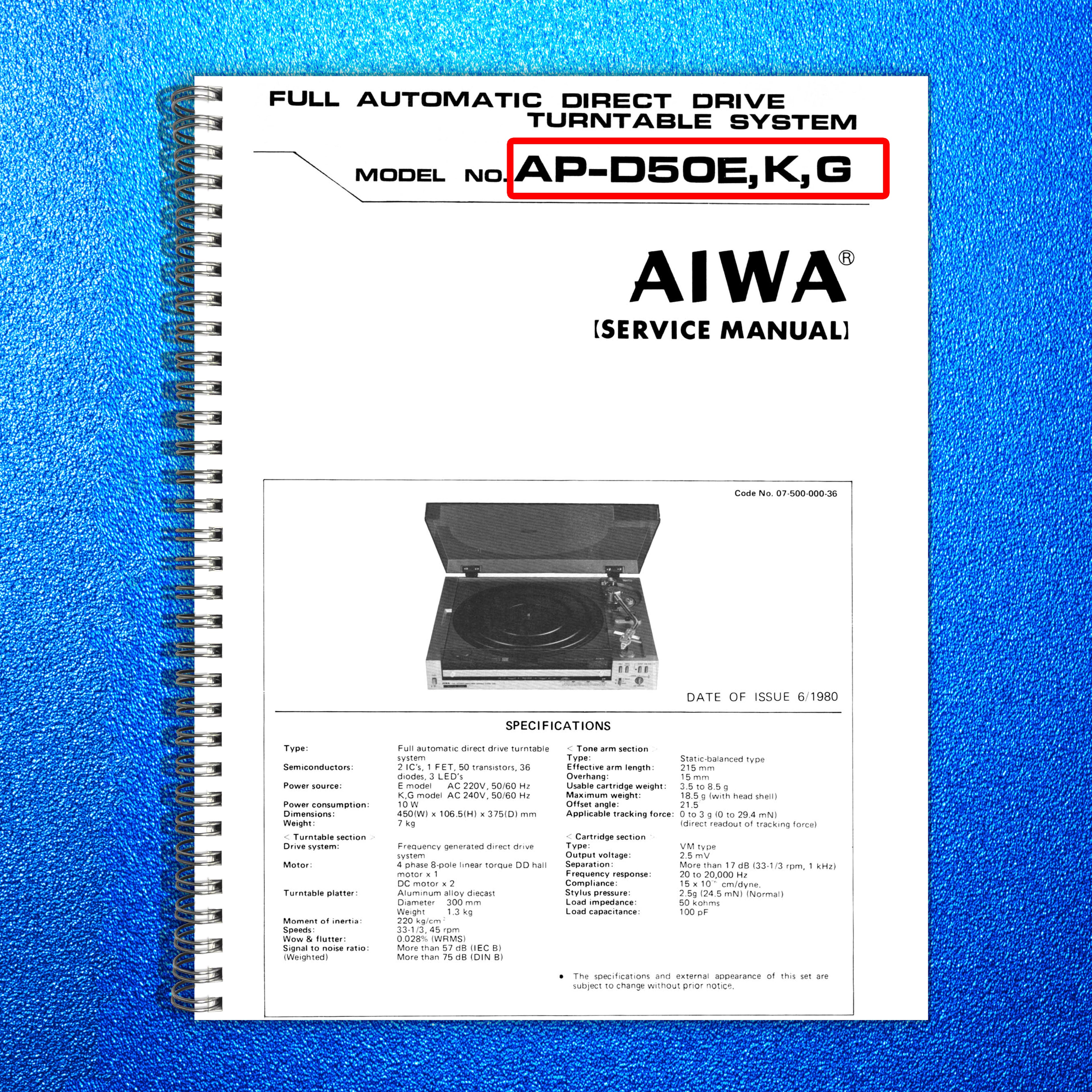 AIWA AP-D50 Turntable Service Manual 1980 - BOUND - COVERS - XL FOLDOUT PAGES