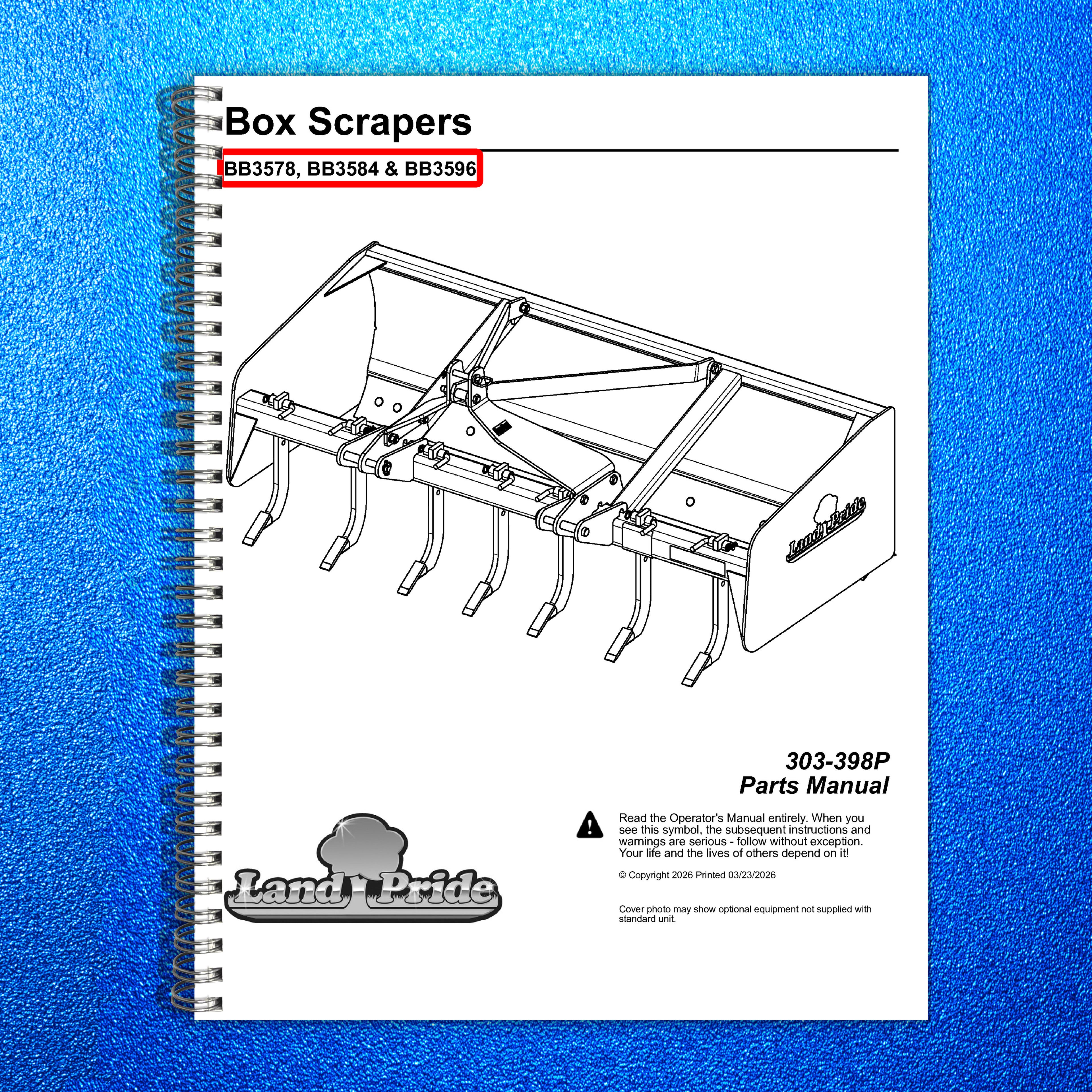 LAND PRIDE BB35 Series Box Scrapers Parts Manual 2026 - WIRE BOUND - COVERS